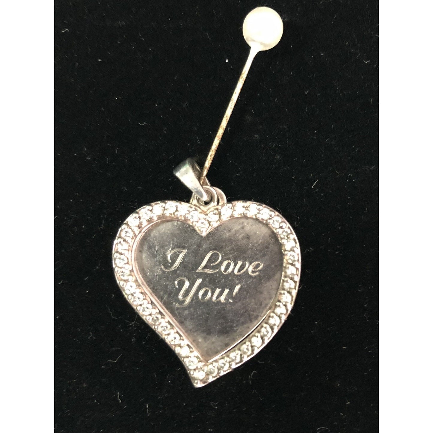 Vintage Sterling Layered Heart I LOVE YOU Engraved Pendant With Rhinestones