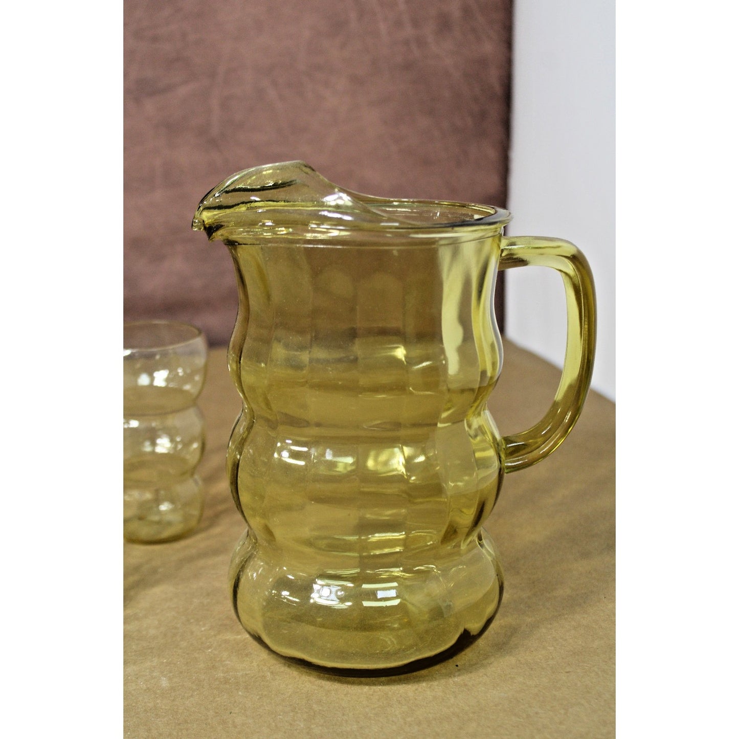 Vintage Lido Golden Glow Federal Glass Pitcher and 8 Tumblers, 1930s