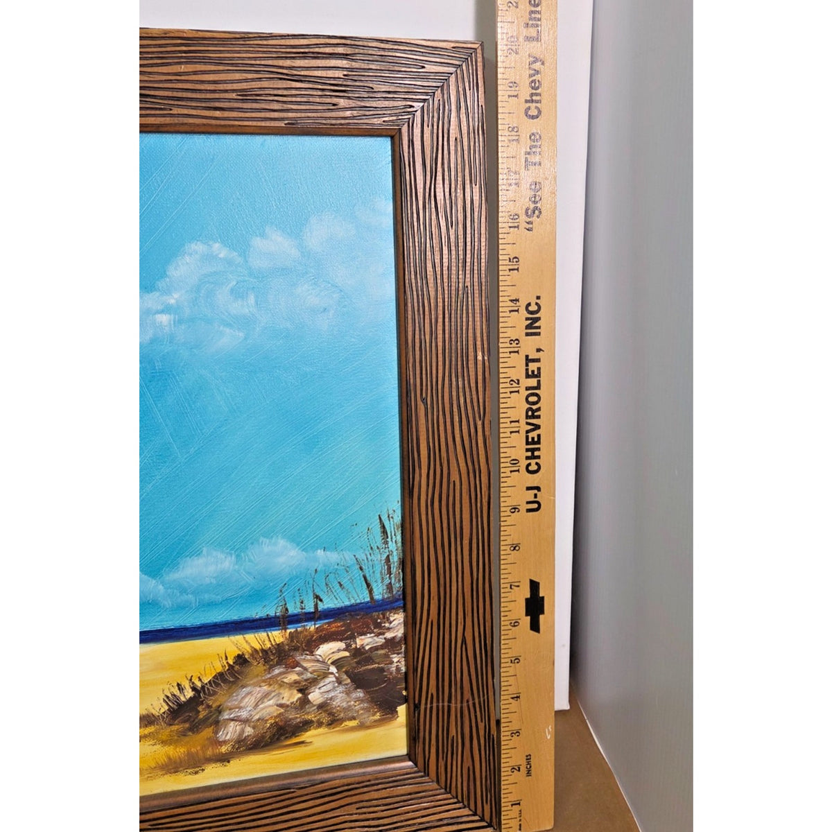 Vintage 1974 Melanie Wesley Signed Coastal Impasto Painting - Rustic Bark Frame