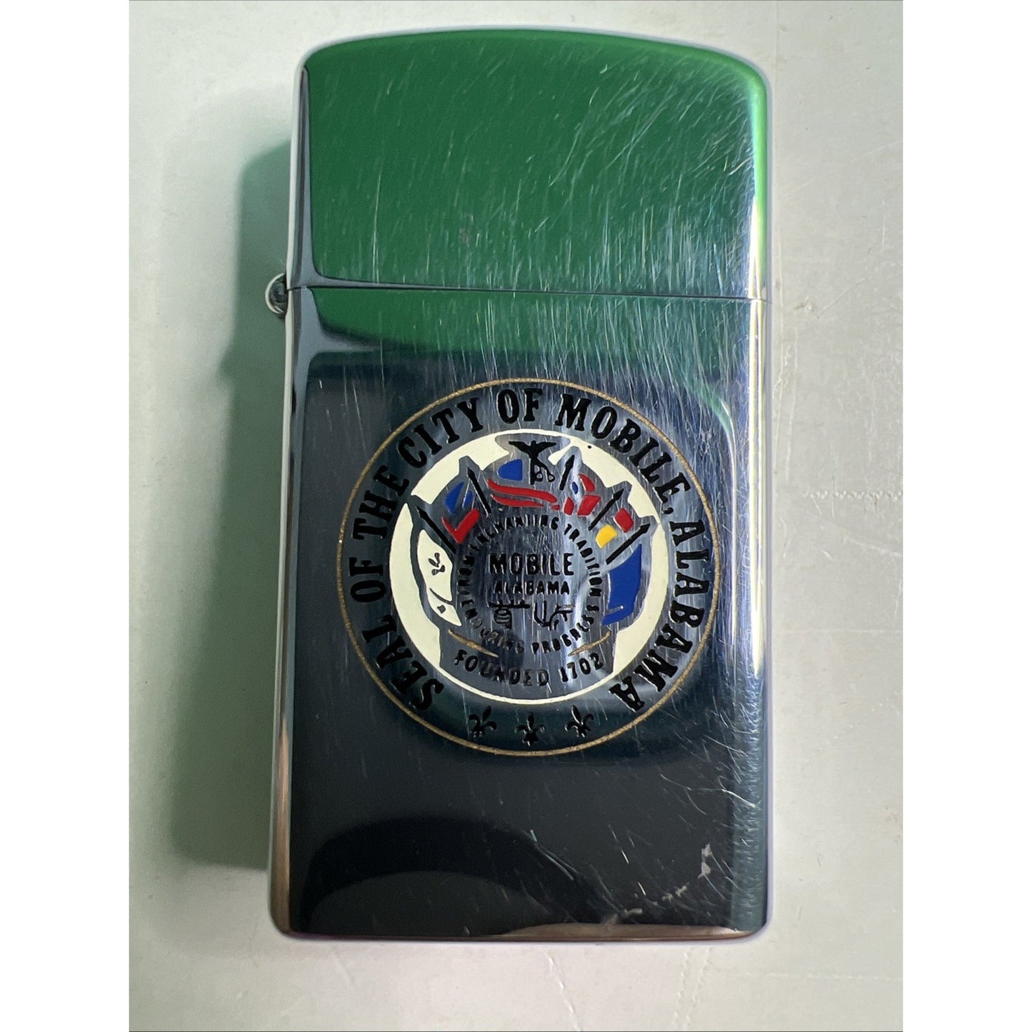 Vintage Zippo Slim Lighter Seal of the City Mobile Alabama Founded 1702