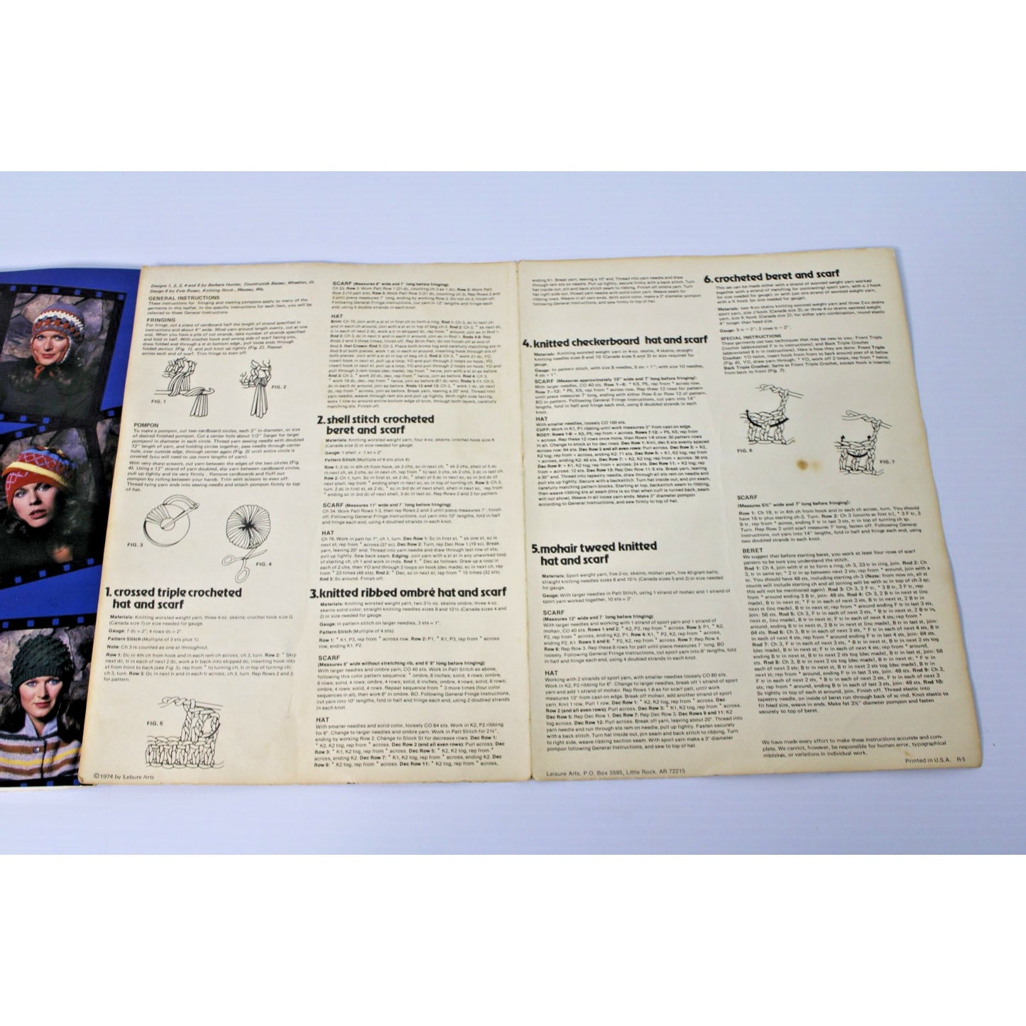 Vintage 1970s Knit Crochet Patterns: Leisure Arts- Caps, Hats, Helmets, Scarves