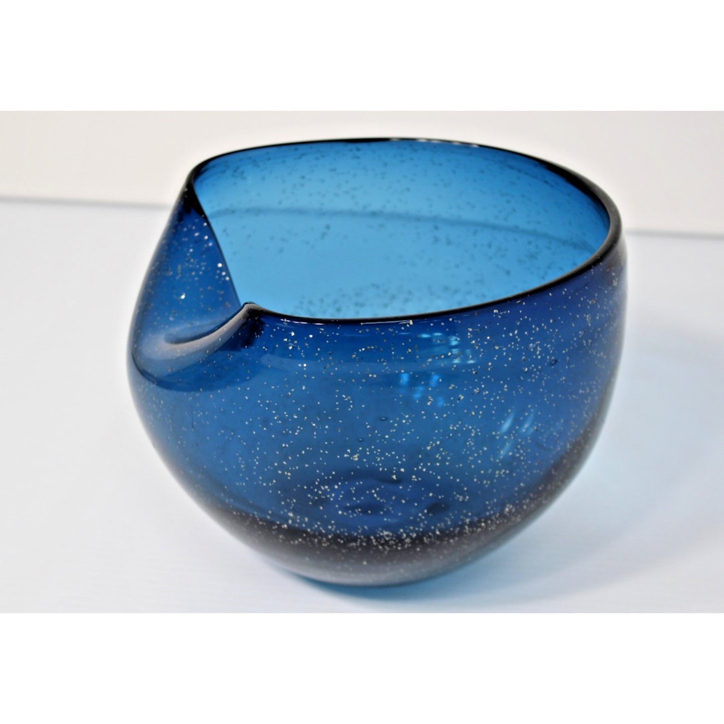 Vintage 60s Mod Blue Glass Vessel with Glitter Flake, Folded Rim Bowl- Gorgeous!