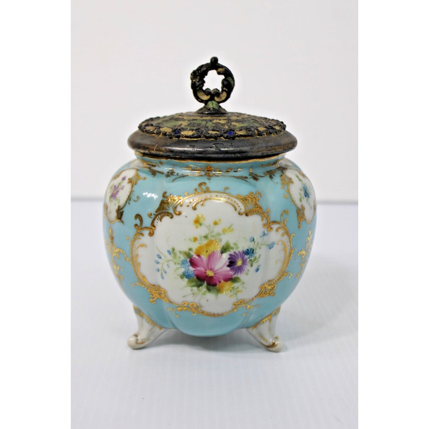 19th Century Antique Gilt Porcelain Tri-footed Biscuit Jar with Ormalu Lid