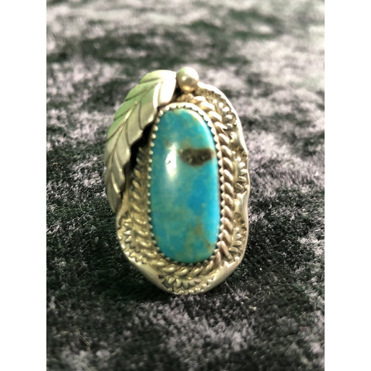 Vintage Artisan Southwestern Sterling Silver Turquoise Ring Marked LJ Size 5.5