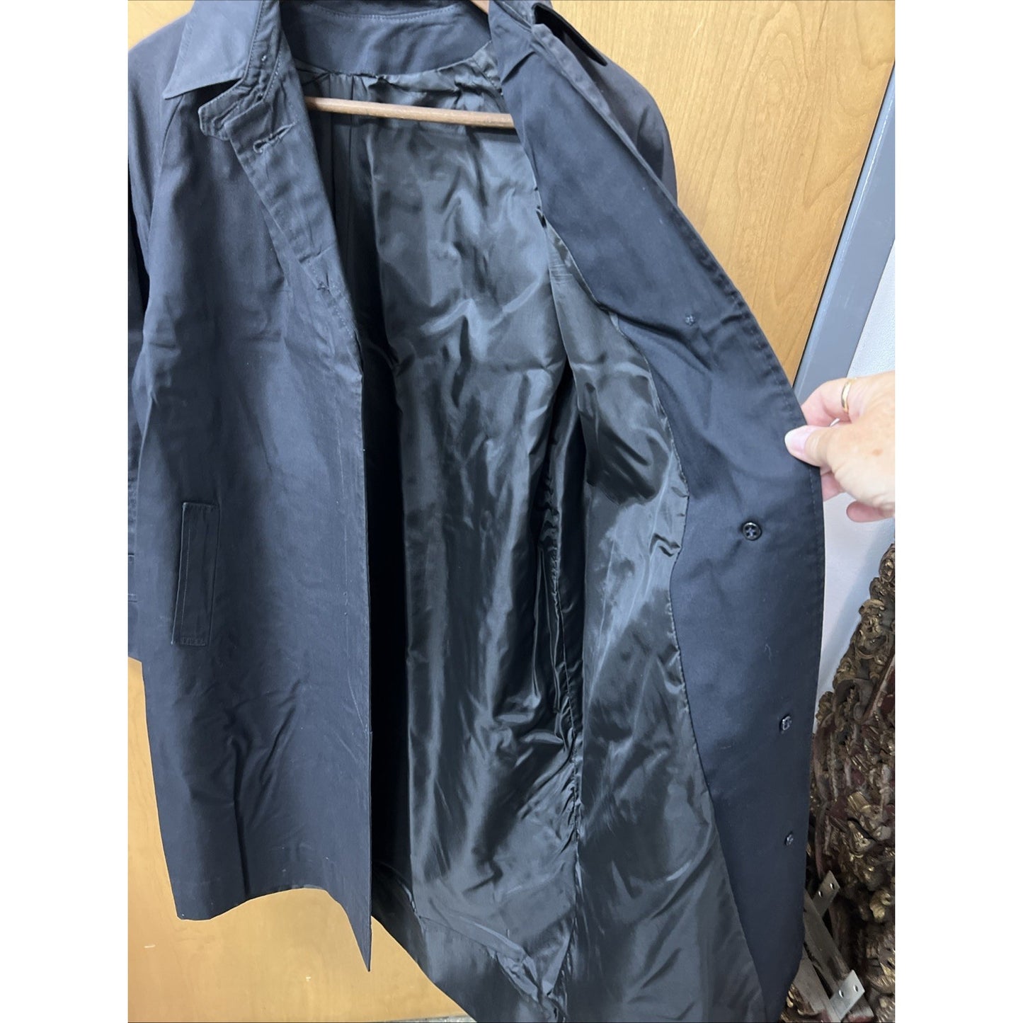 Vintage Size Small Black Trench Coat Slash Pockets 38” Long Wash & Wear Raincoat