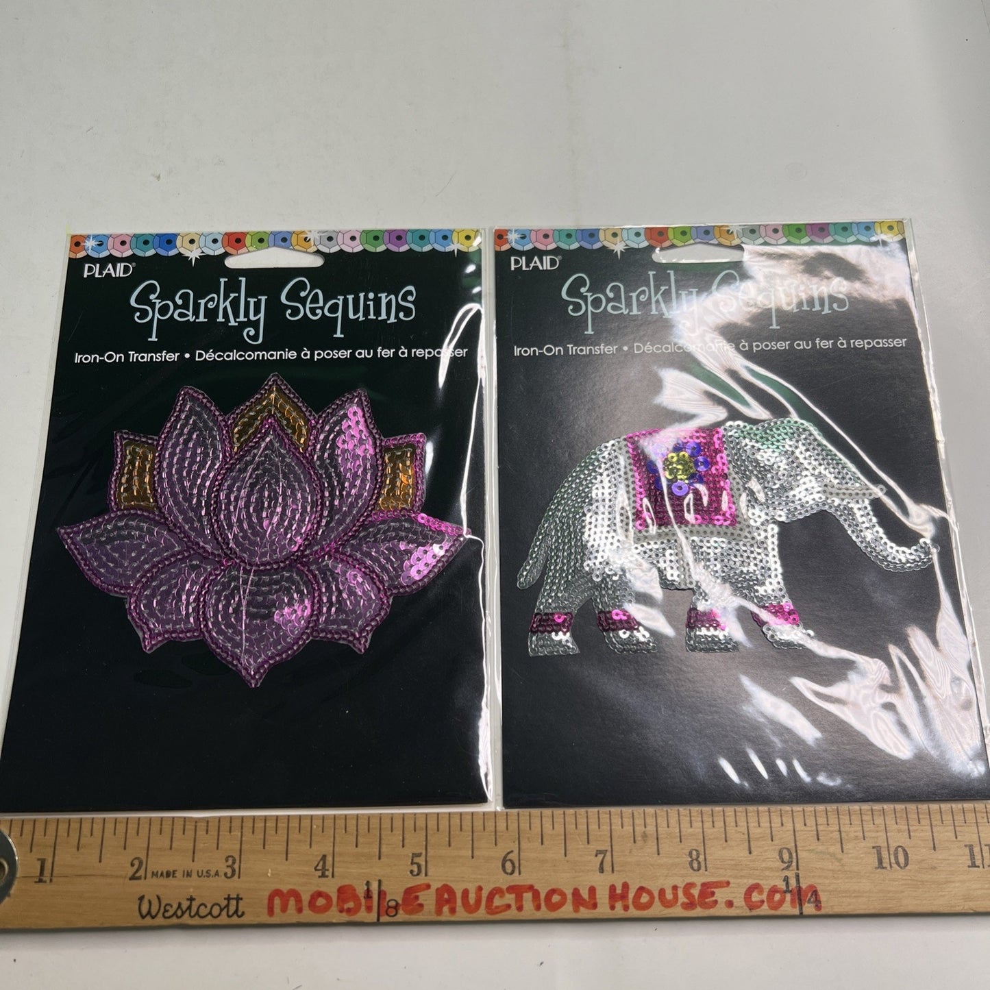 Lot of 2 Plaid Sparkly Sequins Iron on Transfer Lotus Flower & Elephant