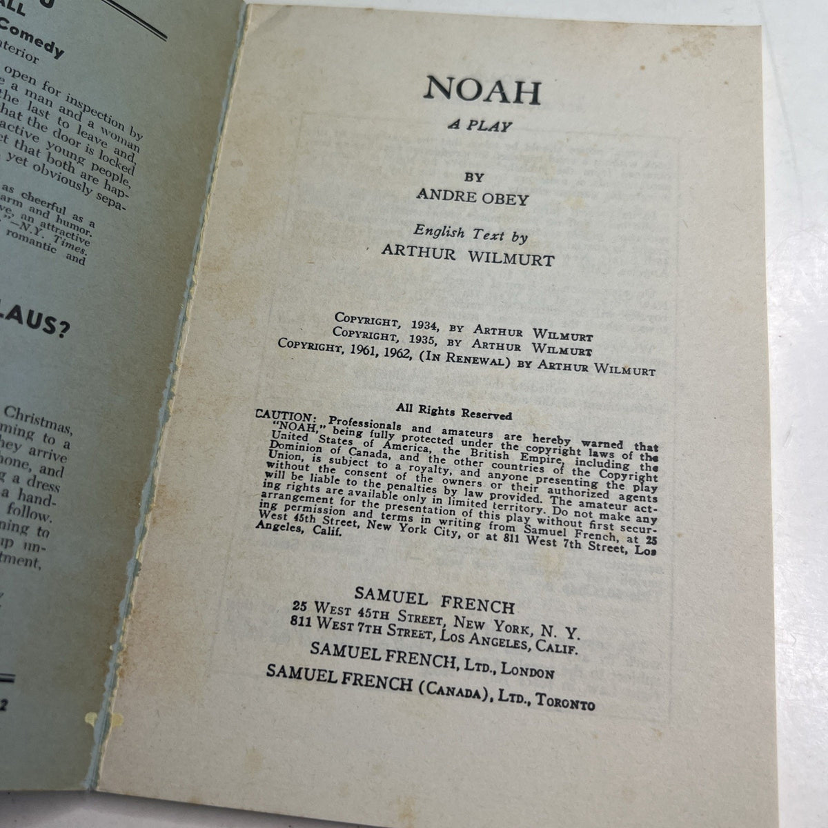 Noah By Andre Obey A Samuel French Standard Library Edition Play 1962 PB