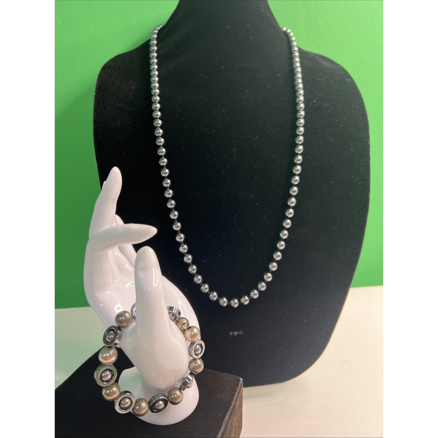 Pair Hematite Beaded Necklace 32” And Wired Bracelet 7” Set