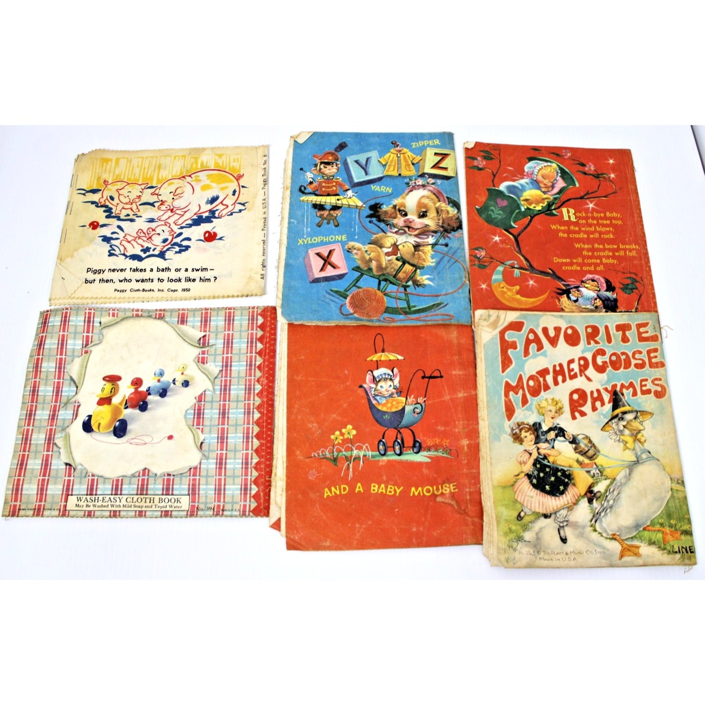 6 Vintage Linen Cloth Baby Books- Merrill, Platt & Munk, Mother Goose, ABC