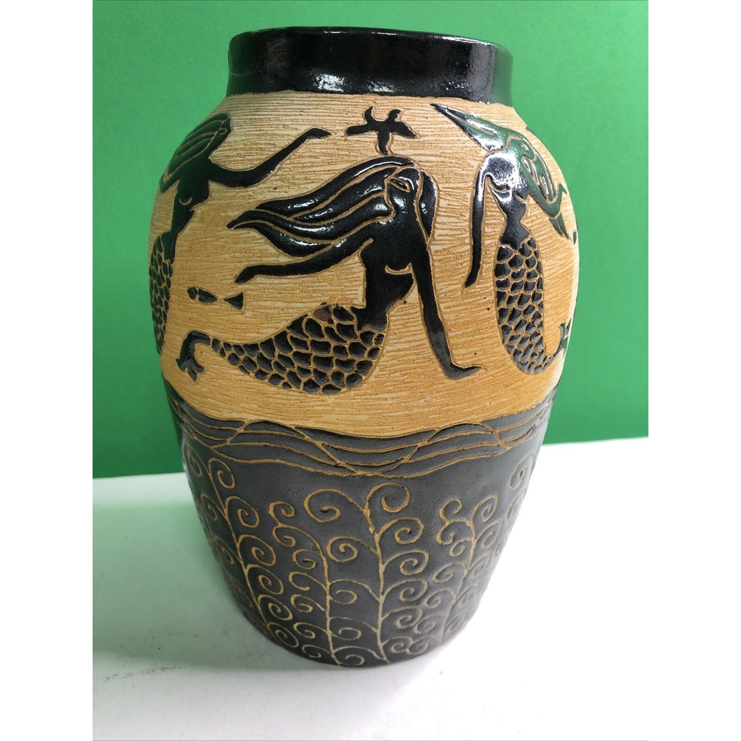 Beautiful MERMAID Vase Sgrafitto Studio Art Pottery Rich Brown Cream Orange