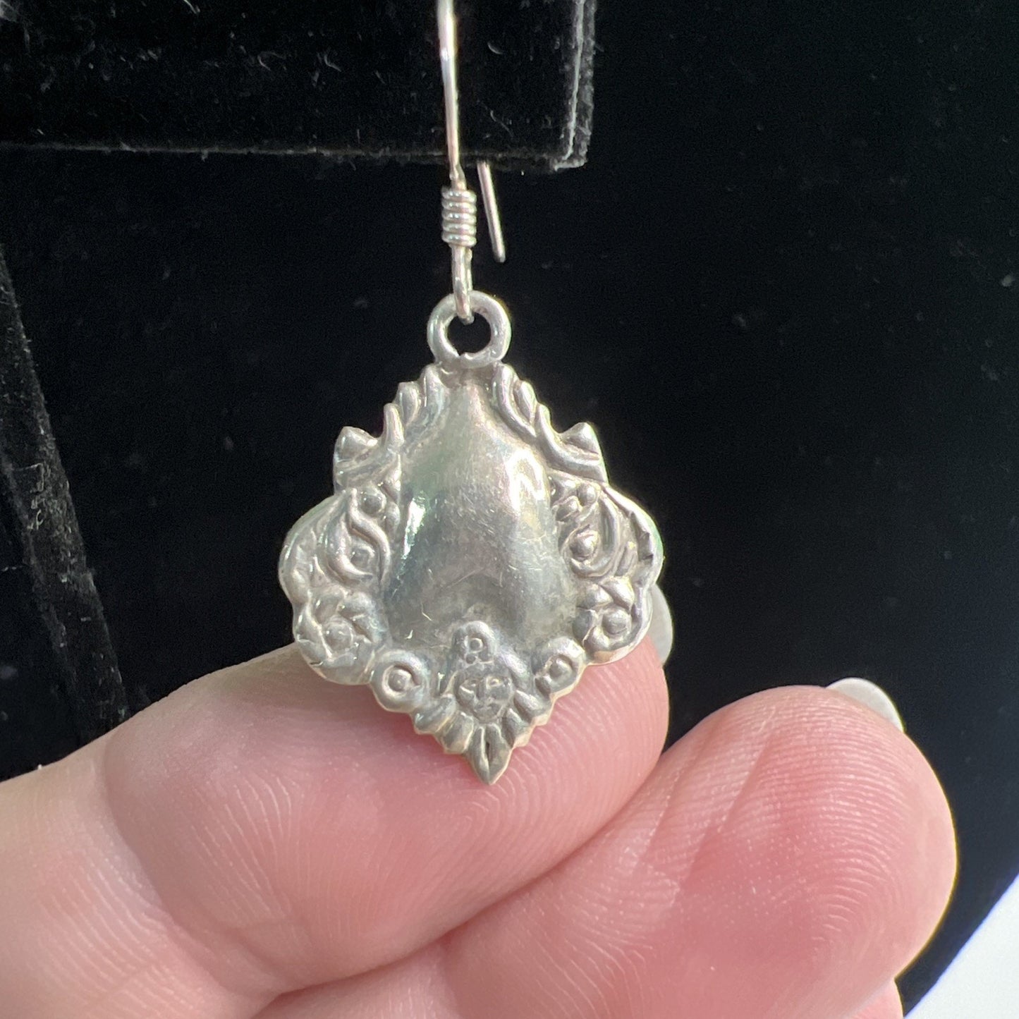 Vintage Ornate Sterling Silver Shield Medallion Earrings Dangle Drop French Wire