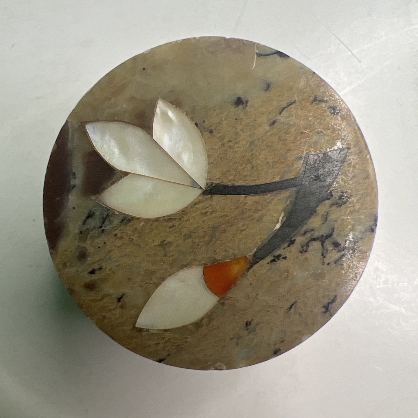 Carved Soapstone Small Inlaid Round Box Trinket Vanity Natural Stone with Lid