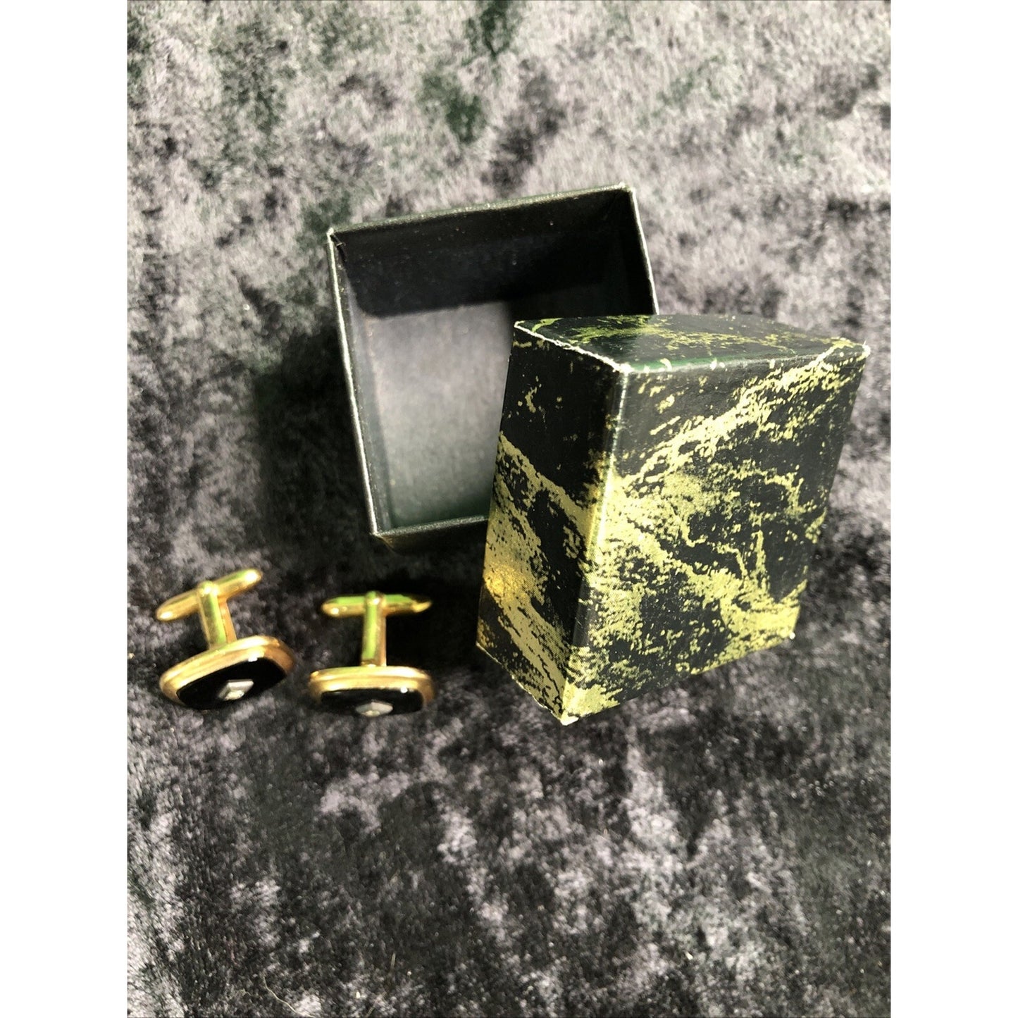 Vintage Mens Gold Tone Onyx Rhinestone Cufflinks Cuff Links Gift Box Original
