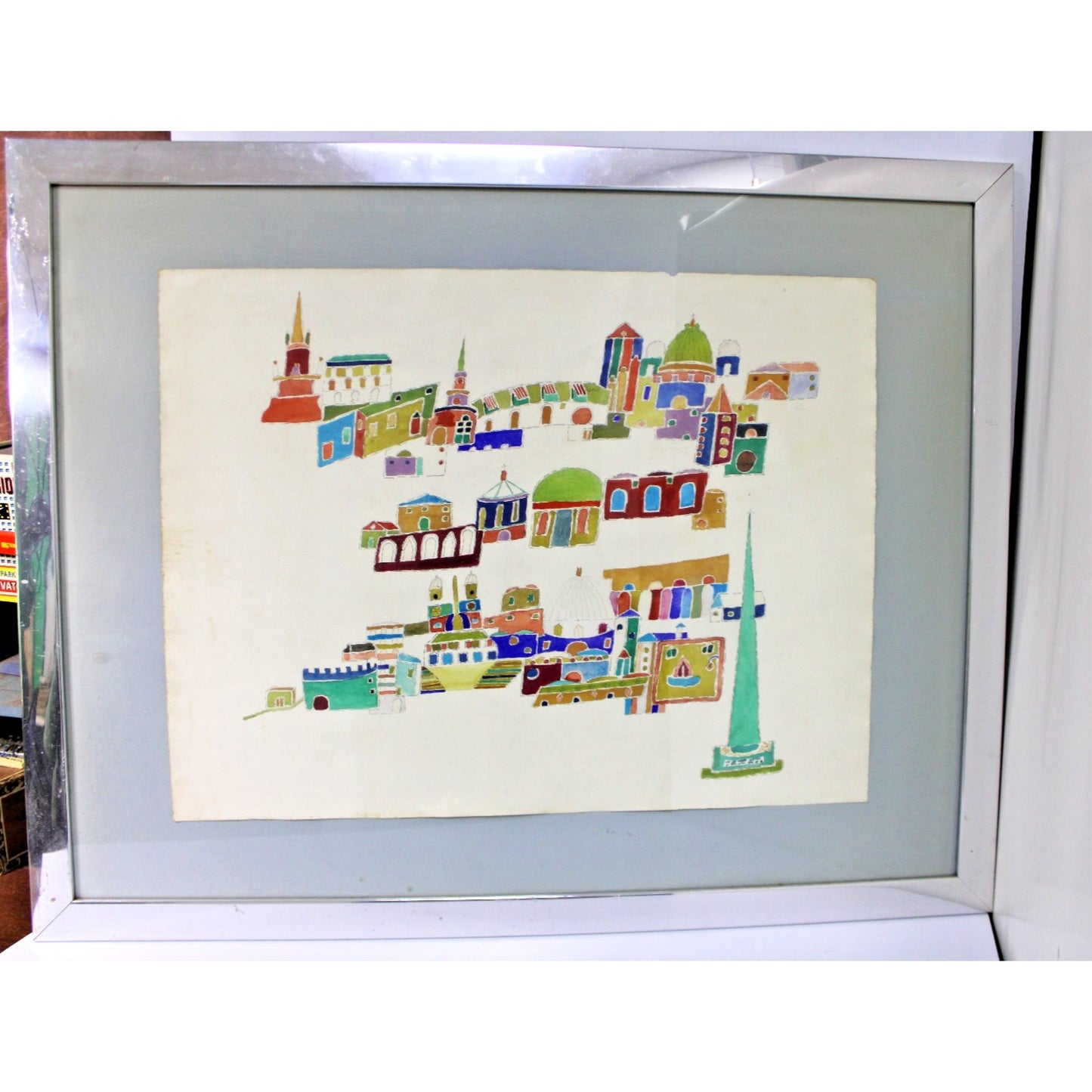 Large Primitive Watercolor "Village Home" by Clara Shepard, Willoughby Institute
