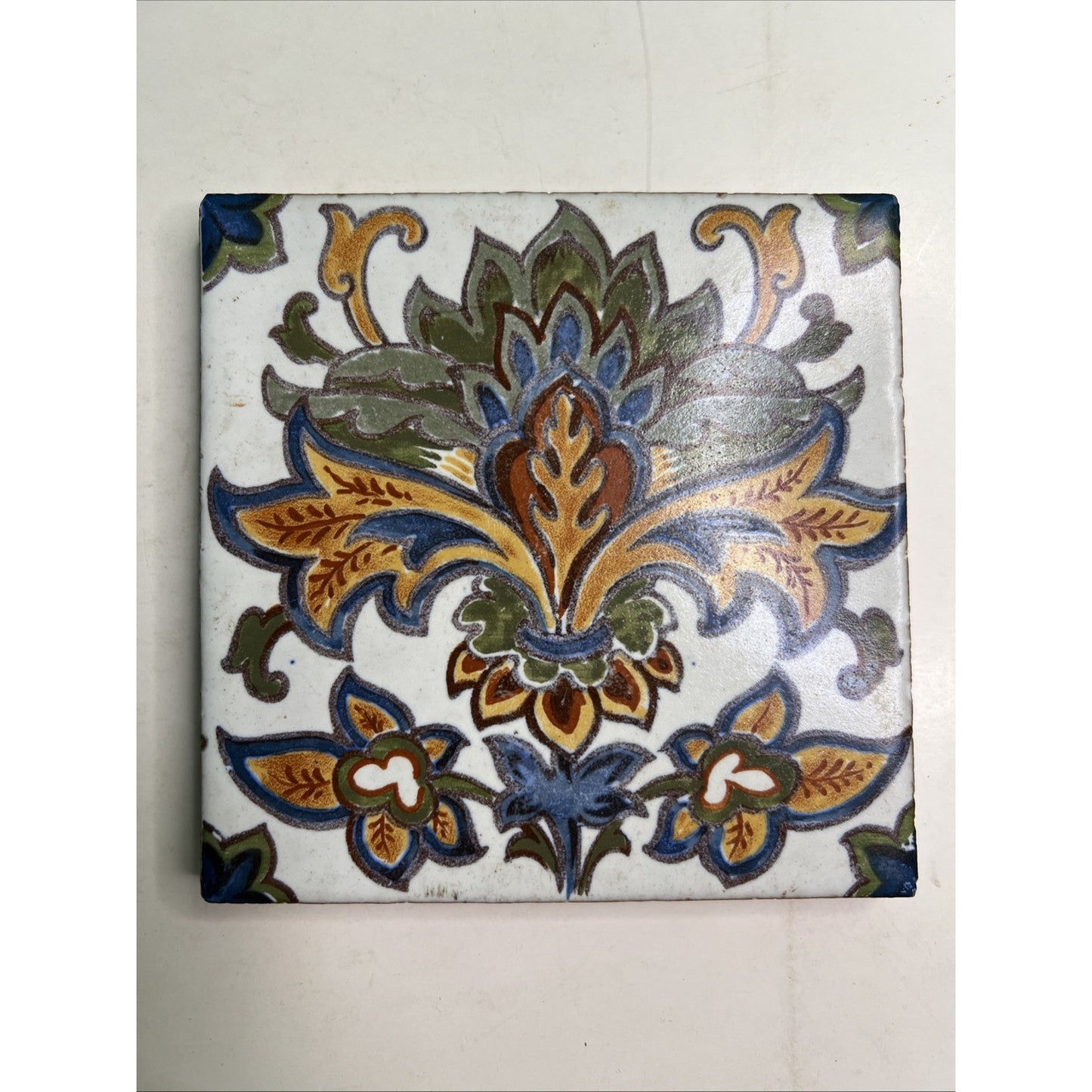 Decorative Ceramic Tile Trivet Spanish Style Hand Painted 6"x6" Minor Chip
