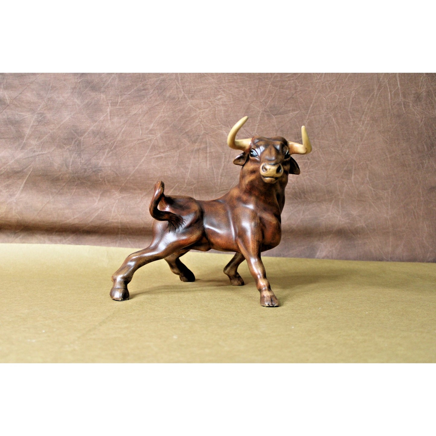 Vintage Mid Century Hand Painted Ceramic Bull Figurine, 10" H, Signed