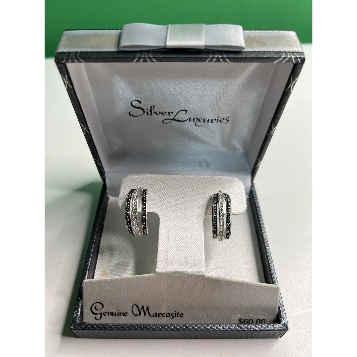 Silver Luxuries Silver Plated Hoop Earrings Genuine Marcasite New In Box