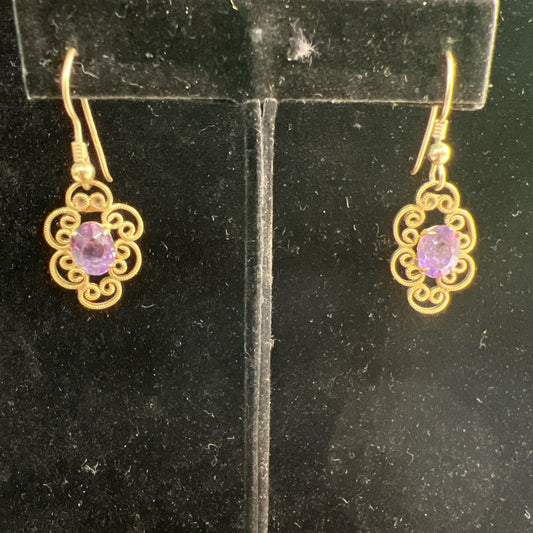 Vintage Artisan Gold Tone Purple Stone Hook Dangle Earrings French Wire