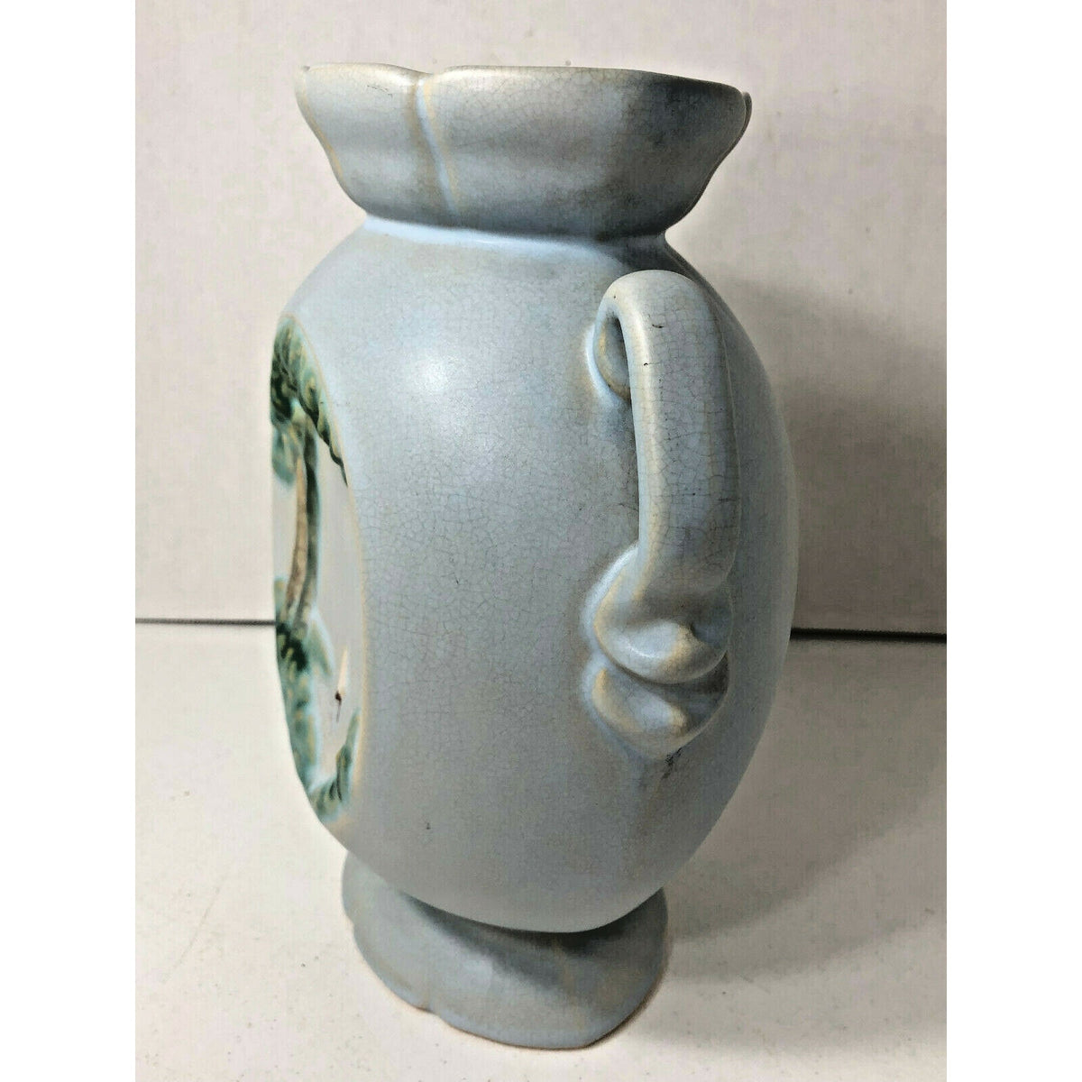 Vintage Blue Weller Art Pottery, Rare Hand-Painted Coastal Naturalist Boat Scene