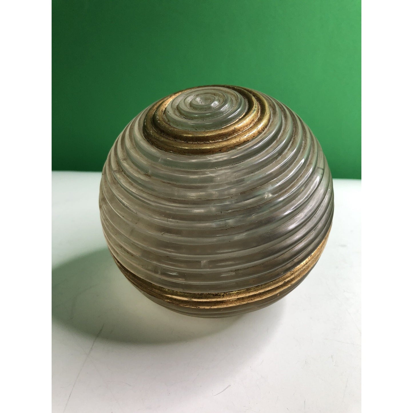 Vintage SOLID GLASS SPHERE Ball Ribbed Gilt MCM Unique Interesting RARE LARGE