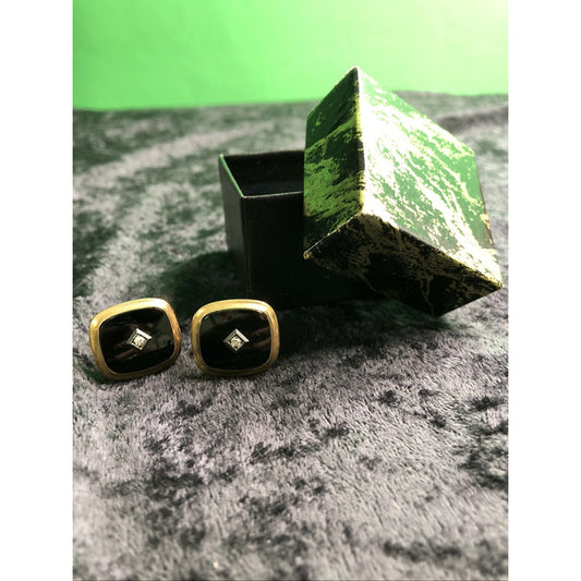 Vintage Mens Gold Tone Onyx Rhinestone Cufflinks Cuff Links Gift Box Original