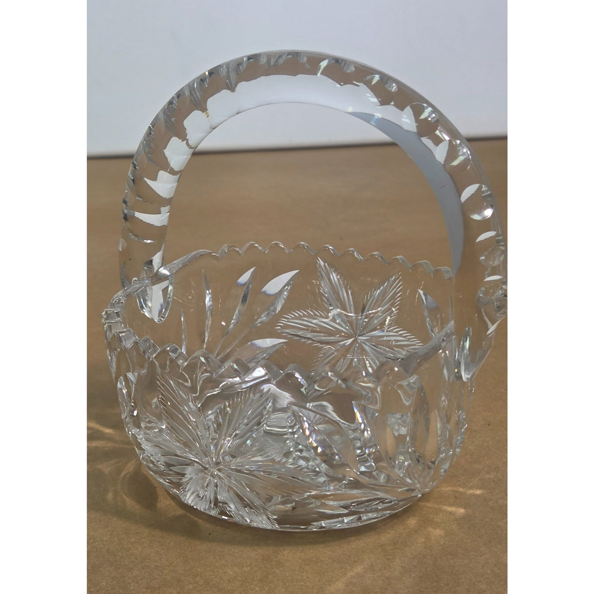 Vintage Hand-Cut Lead Crystal Basket - Bohemian Pinwheel & Leaf Star - 6 Inch