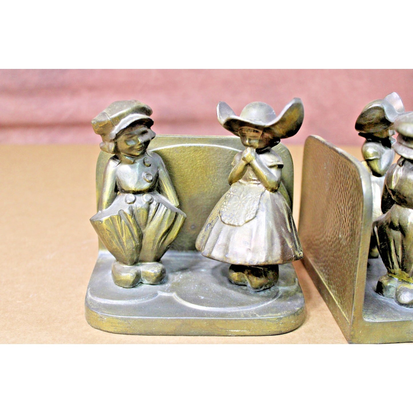 Vintage 1934 Frankart Brass Cast Bookends Pair, Dutch Boy, Dutch Girl, Classical
