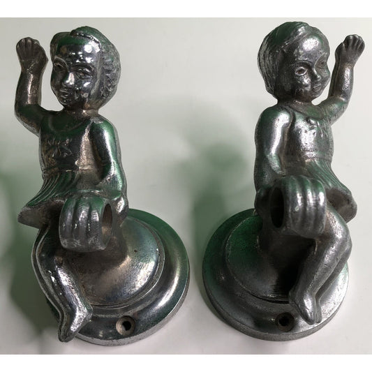 PAIR of Antique Cast Aluminum GIRLS Wall Mount TOWEL ROD HOLDER Kitchen Bath