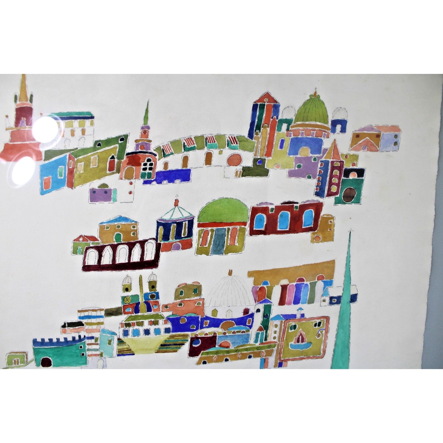 Large Primitive Watercolor "Village Home" by Clara Shepard, Willoughby Institute