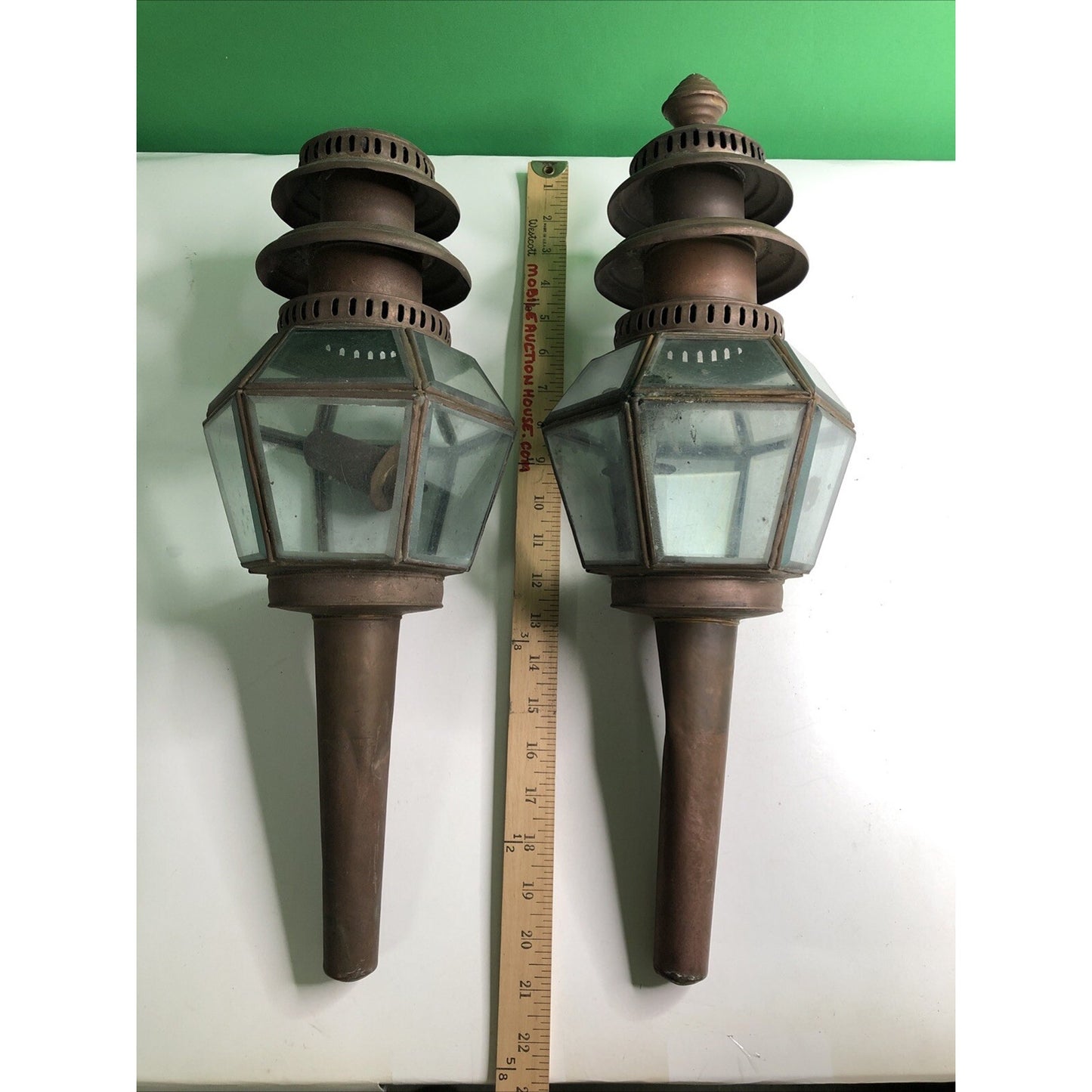Pair Of Antique Copper Oil Carriage Lamps Buggy Lantern Lights Beveled Glass