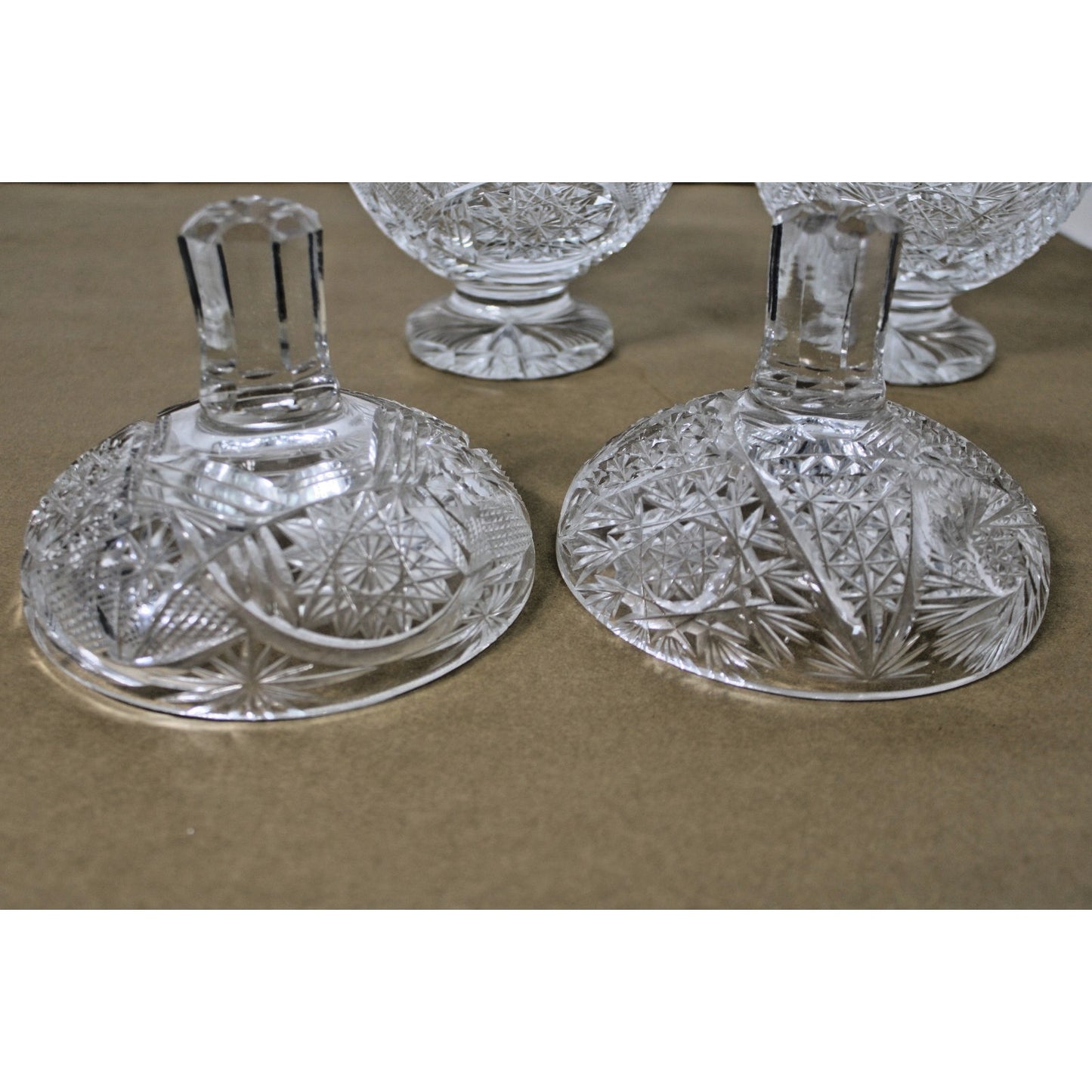 Two Heavy Vintage Bohemian Lead Crystal Dishes with Lids 9"h Brilliant Starburst
