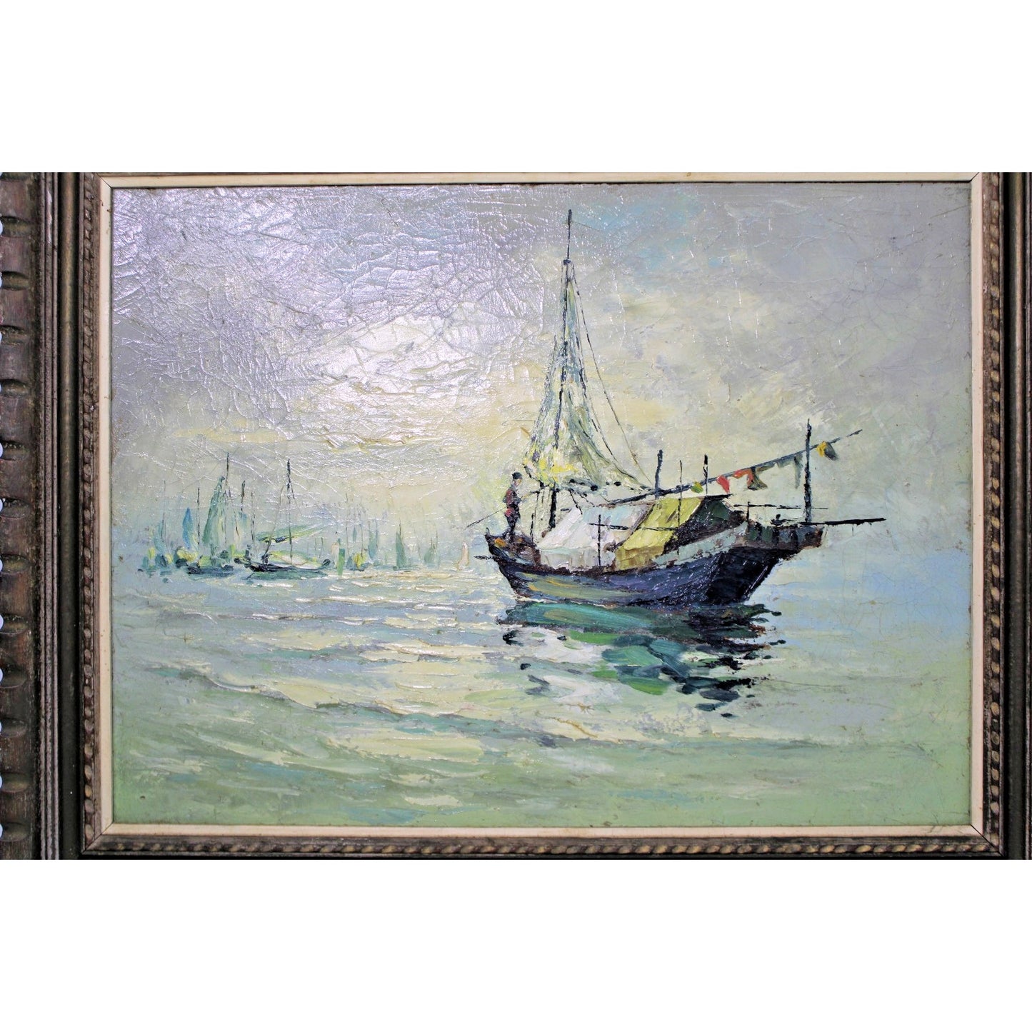 Impressionist Oil on Canvas by Chung Kwo- Nautical , Impasto, Craquelure, Framed