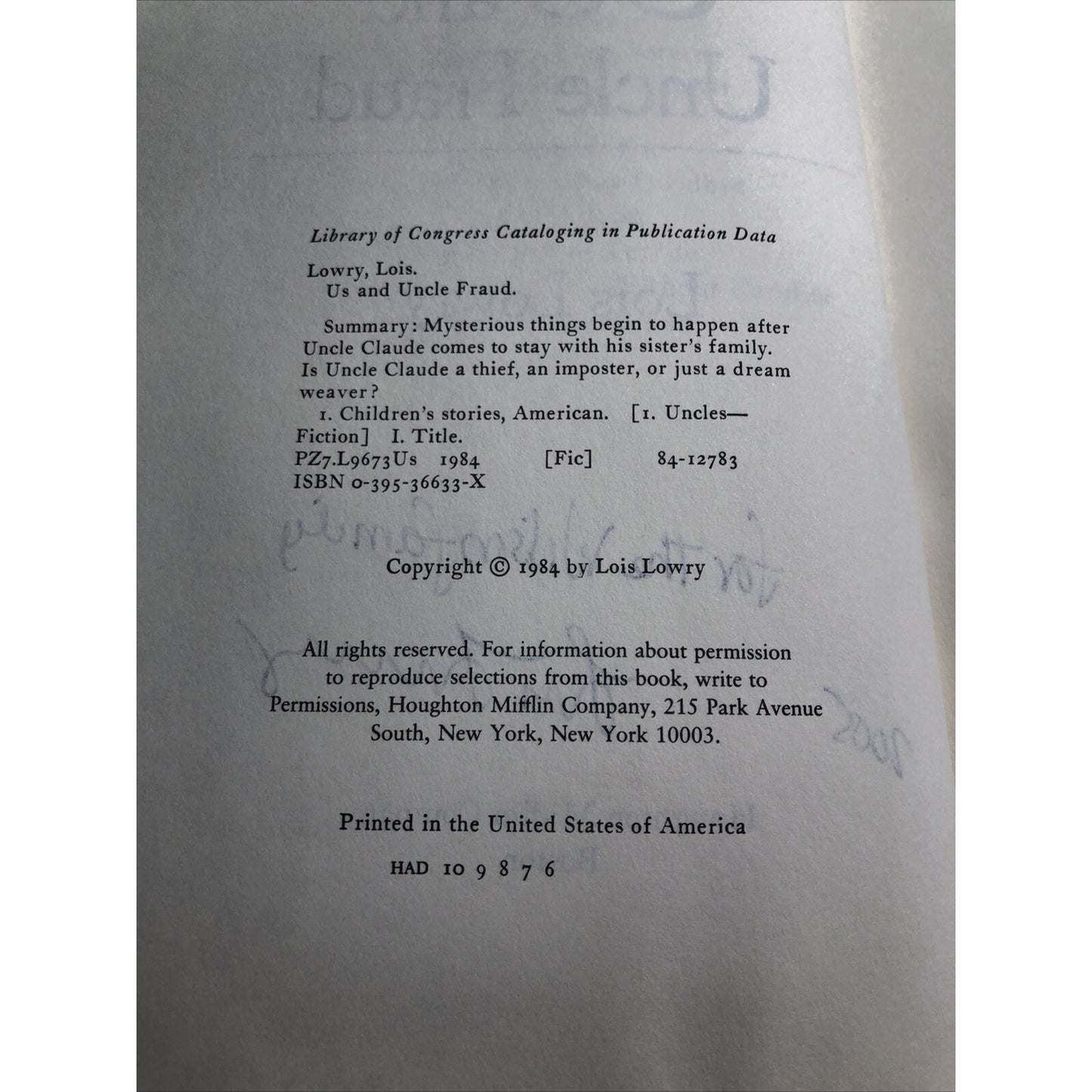 Us and Uncle Fraud by Lois Lowry 1984 HC DJ SIGNED BY AUTHOR