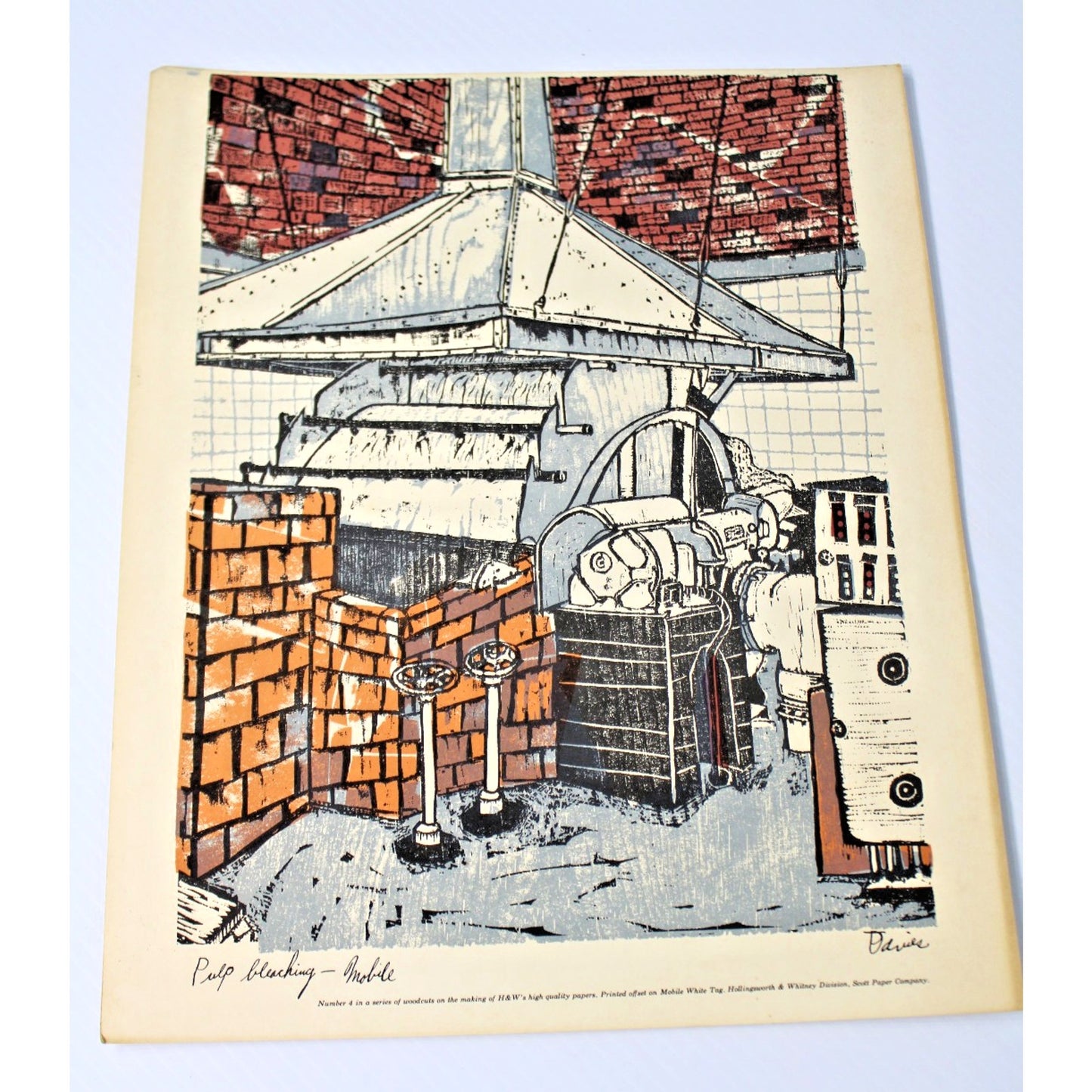 Vintage Woodcut by Ted Davies- Scott Paper Co. Mobile, AL Pulp Bleaching 14"x11"