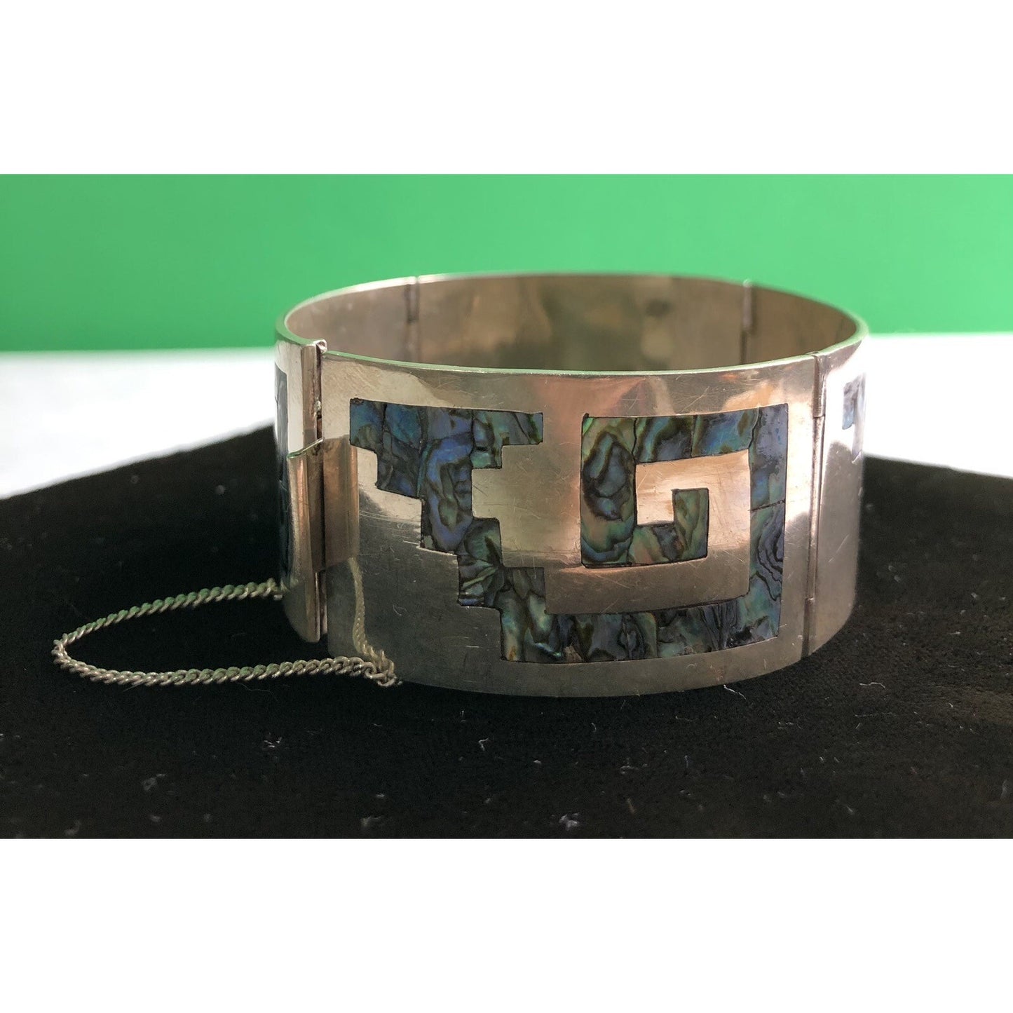 Vintage Mexico Sterling Silver Abalone Inlay Greek Key Panel Link Bracelet H.J.R