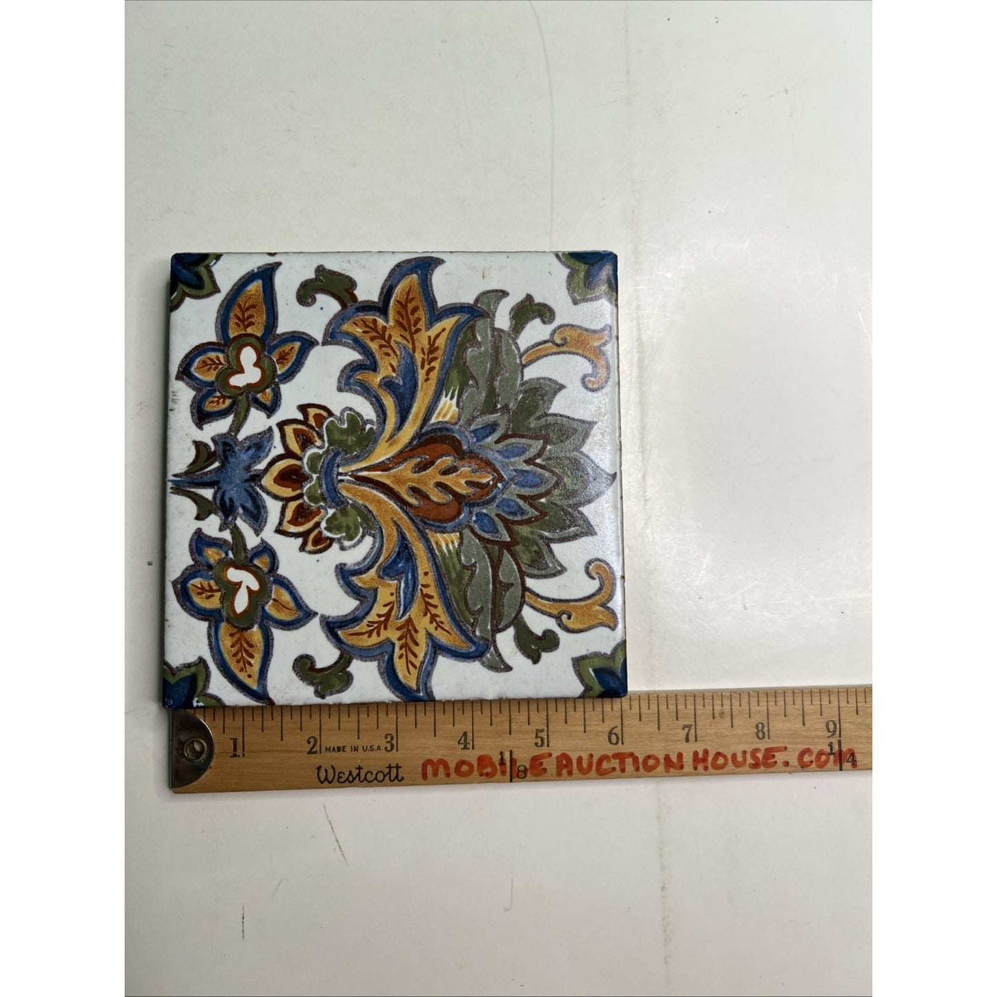 Decorative Ceramic Tile Trivet Spanish Style Hand Painted 6"x6" Minor Chip