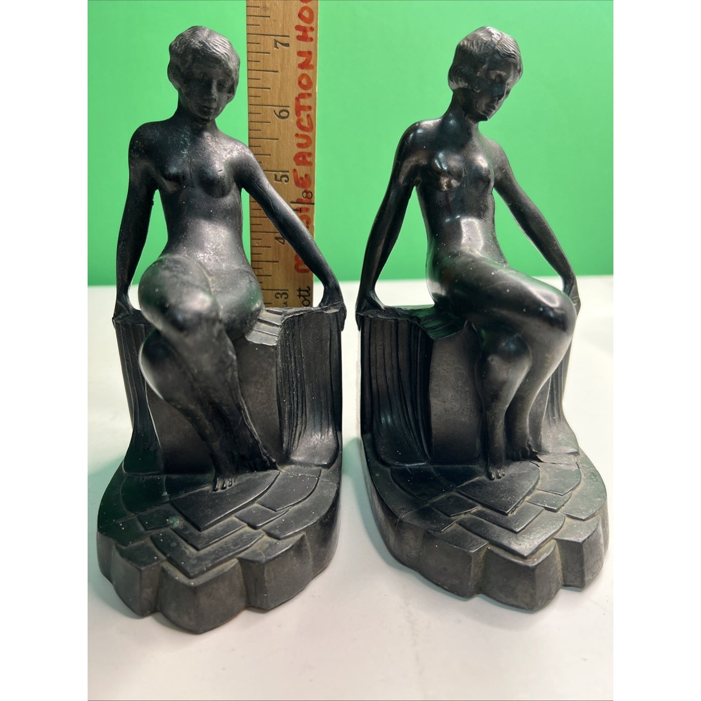 Art Deco 1930's Pair of Nude Flapper Girls Spelter Metal Bookends