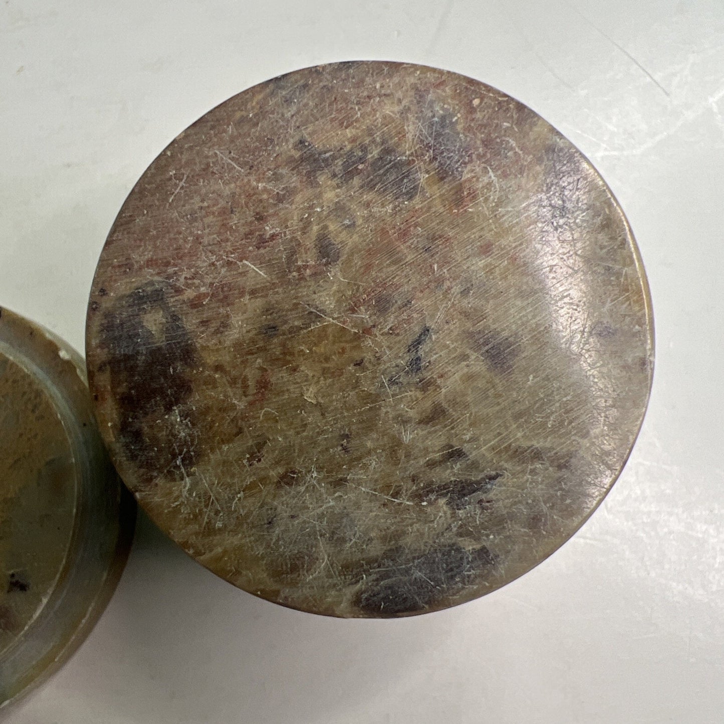 Carved Soapstone Small Inlaid Round Box Trinket Vanity Natural Stone with Lid