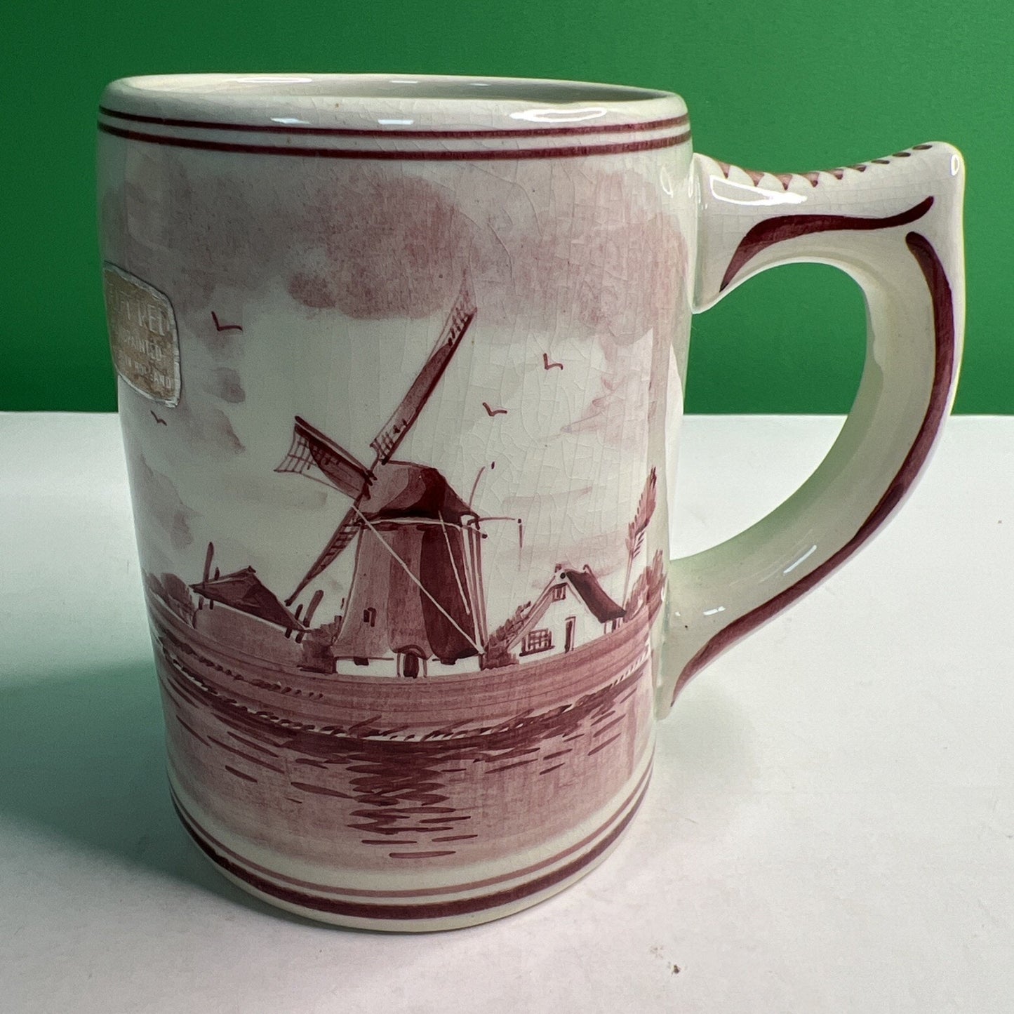Vintage Hand Painted Delft Red Holland Dutch Windmill Stein Mug Original Sticker
