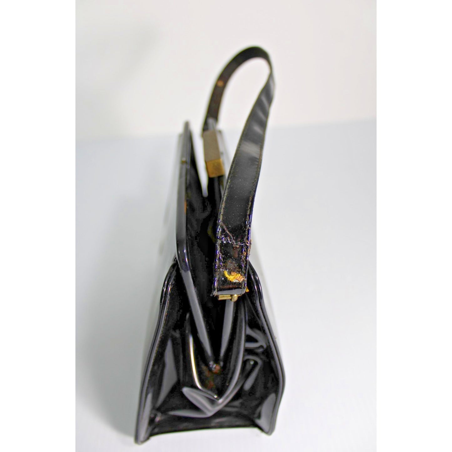 Vintage 1950s 1960s Black Patent Structured Frame Handbag Gold Bar Clasp MCM