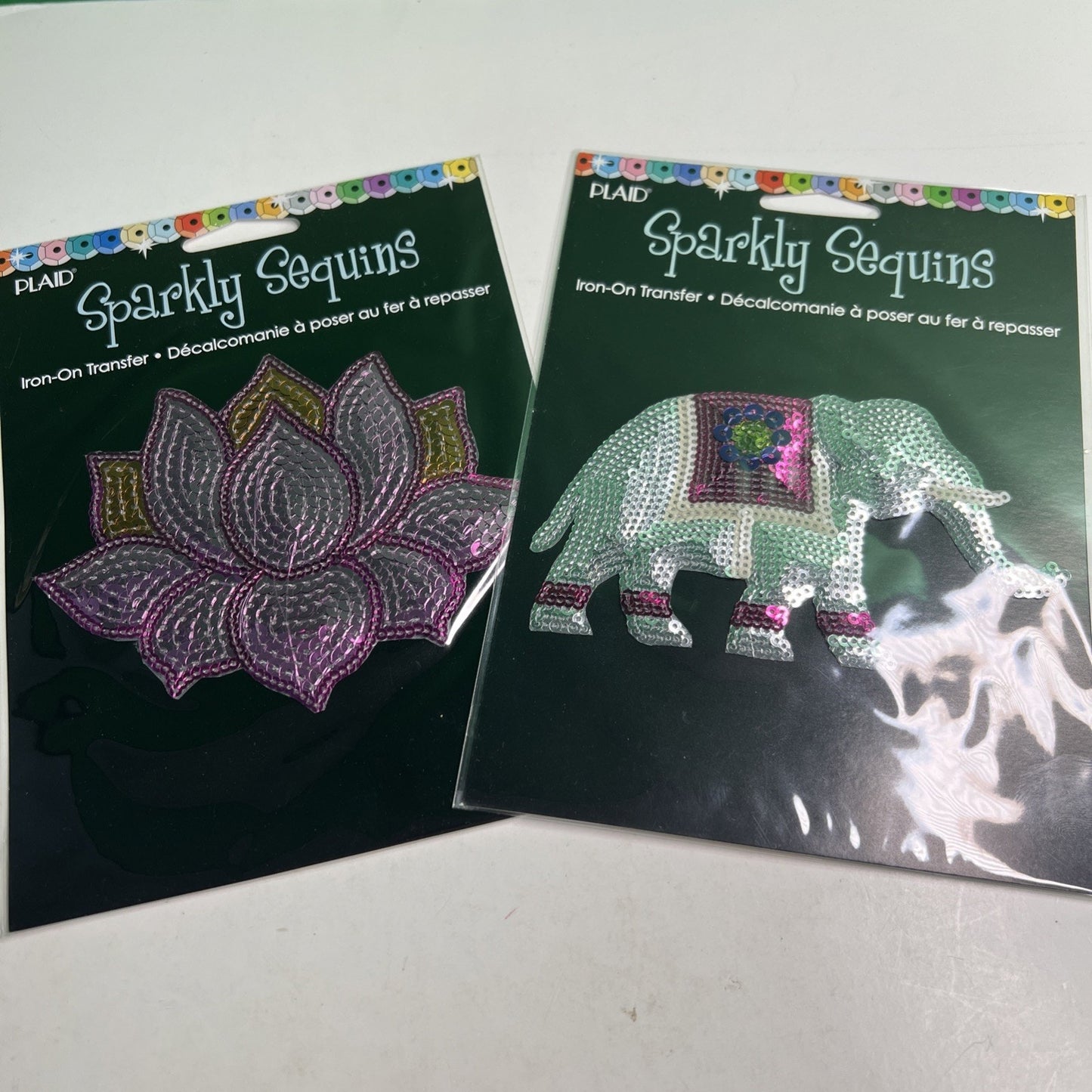 Lot of 2 Plaid Sparkly Sequins Iron on Transfer Lotus Flower & Elephant