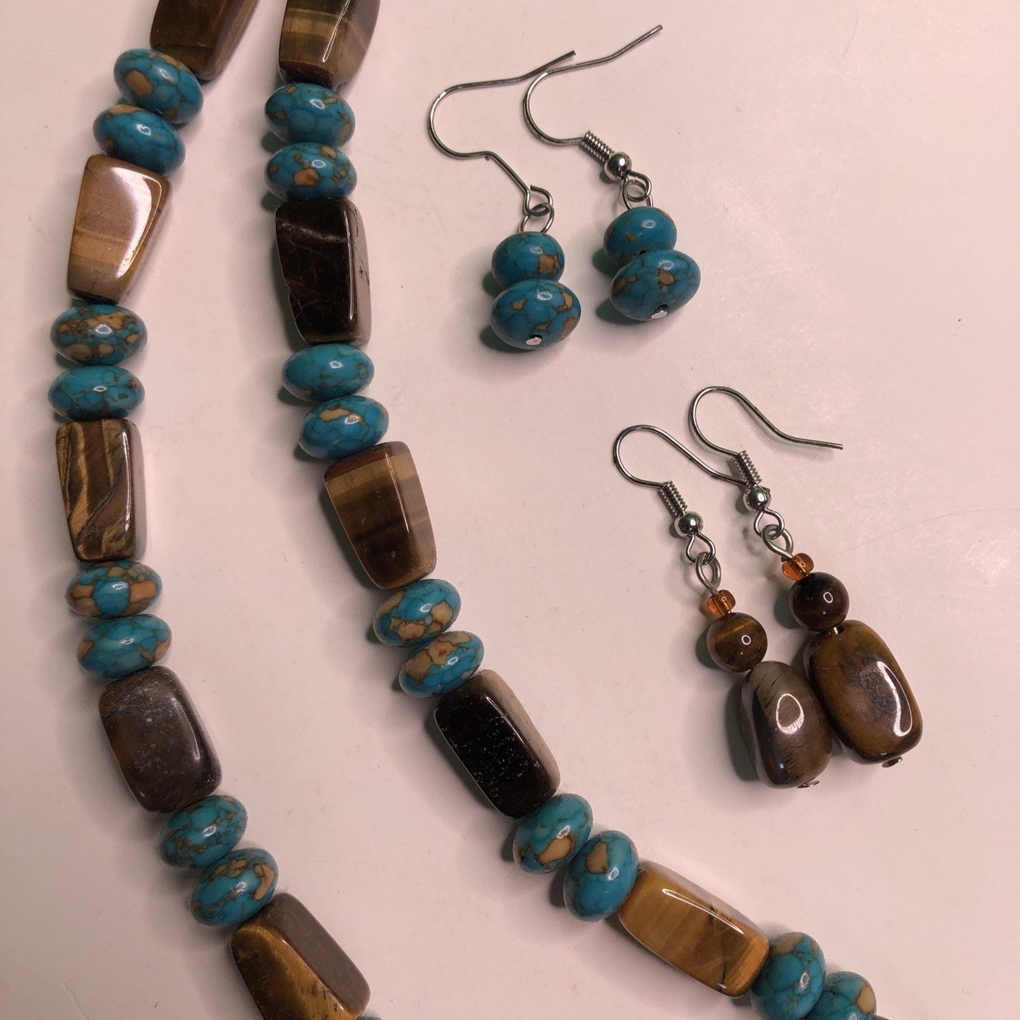 Turquoise & Tigereye Necklace + 2 Pair Earrings Wheeler’s Genuine Gemstone Jewel