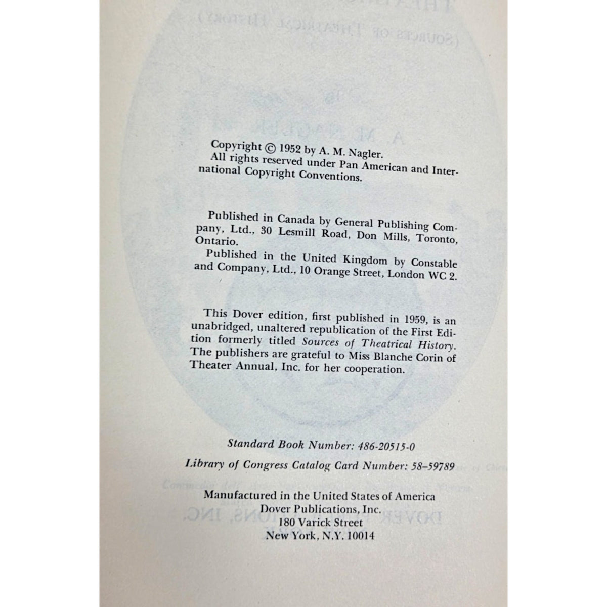 Vintage A. M. Nagler "A Source Book in Theatrical History" Dover Edition