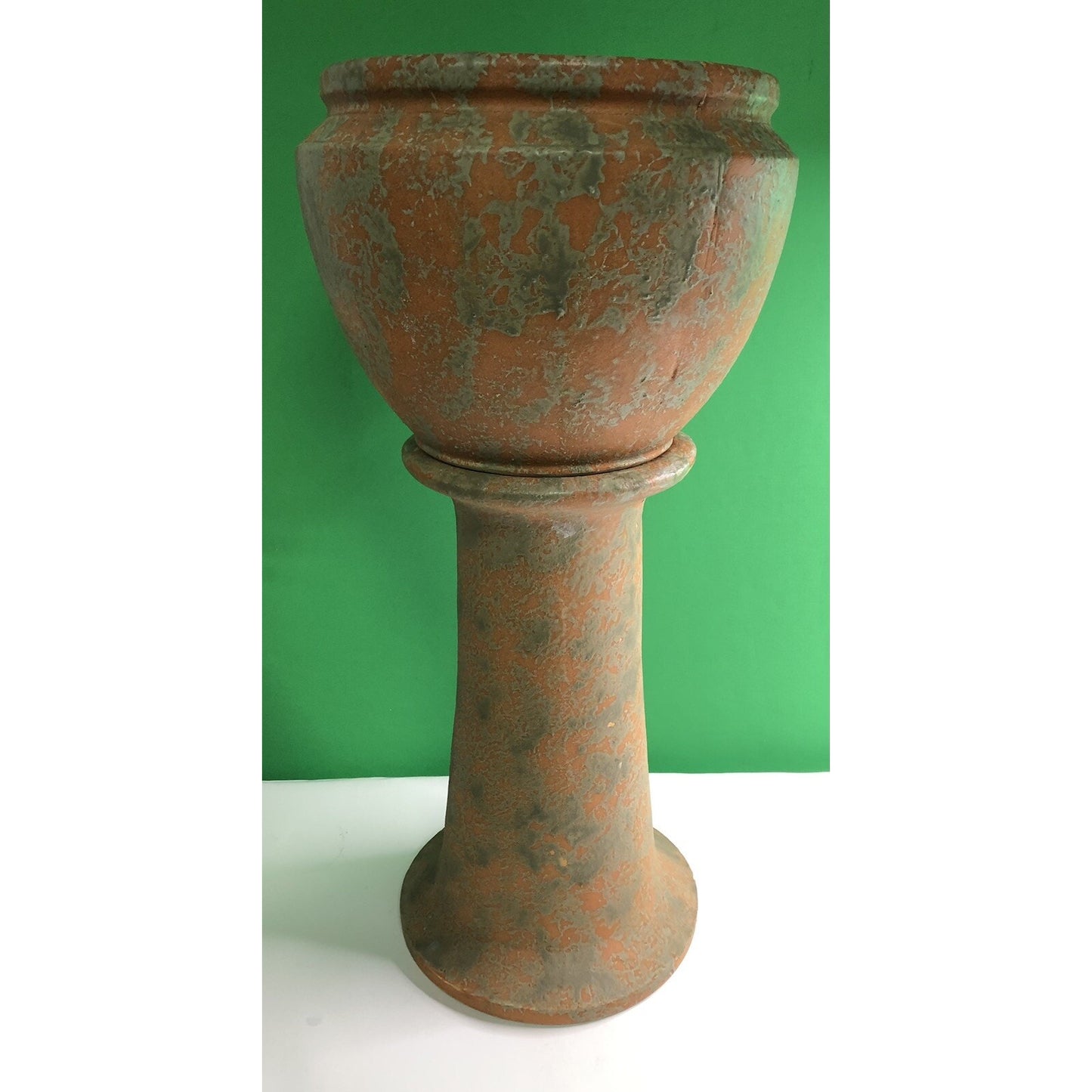 Vintage Burley Winter Large Jardiniere With Pedestal Mottled Orange & Green