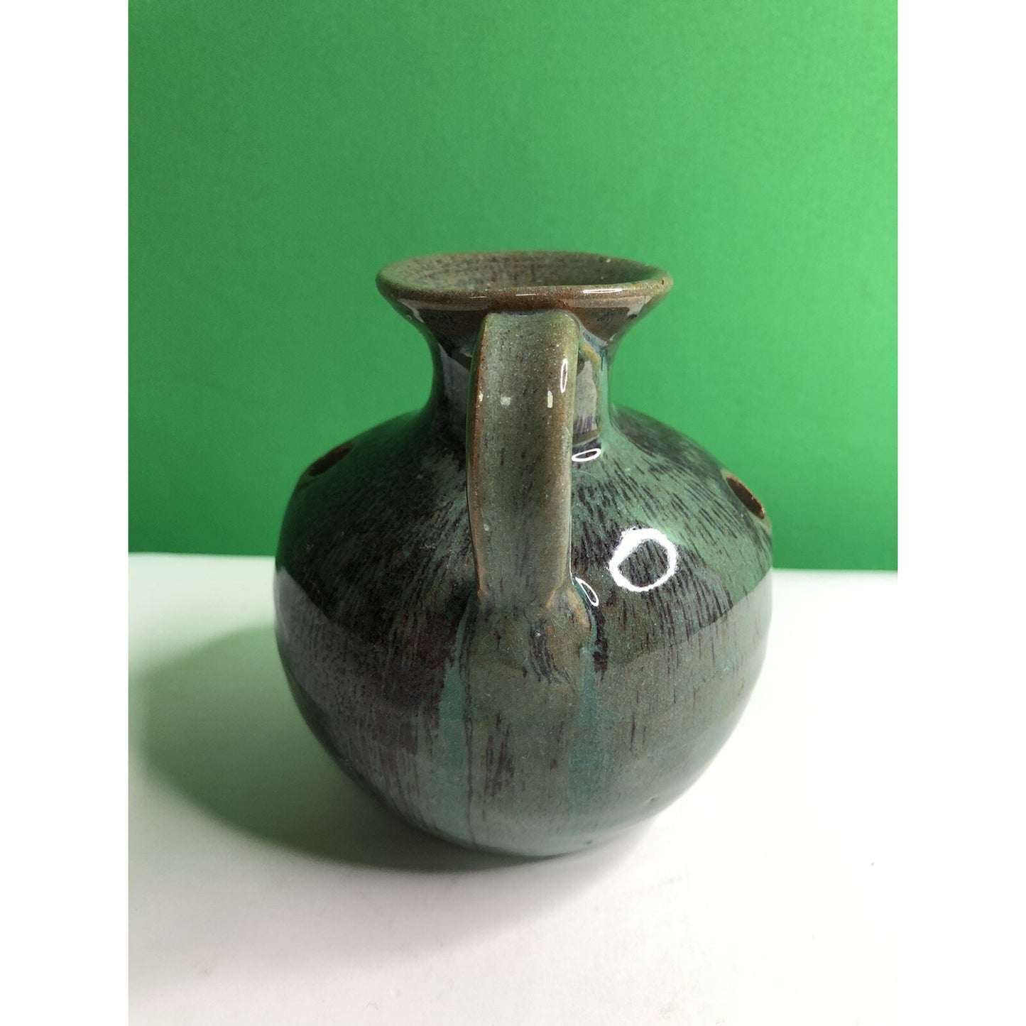 Vintage HAND MADE Studio Art Pottery FLOWER FROG JUG Vase Glazed Holes 4.5” High