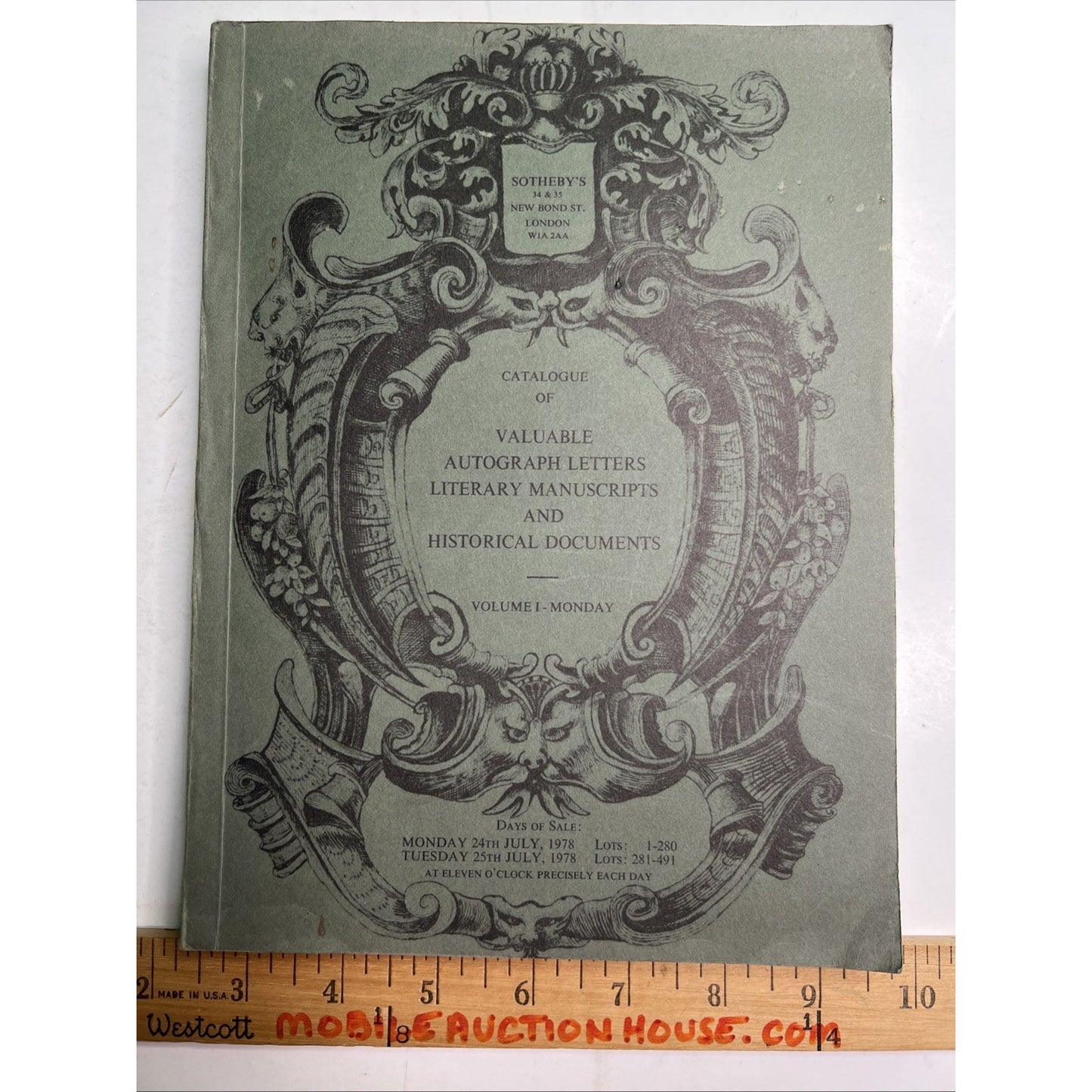 1978 Sotheby's Auction Catalogue of Valuable Autograph Letters Literary Vol 1