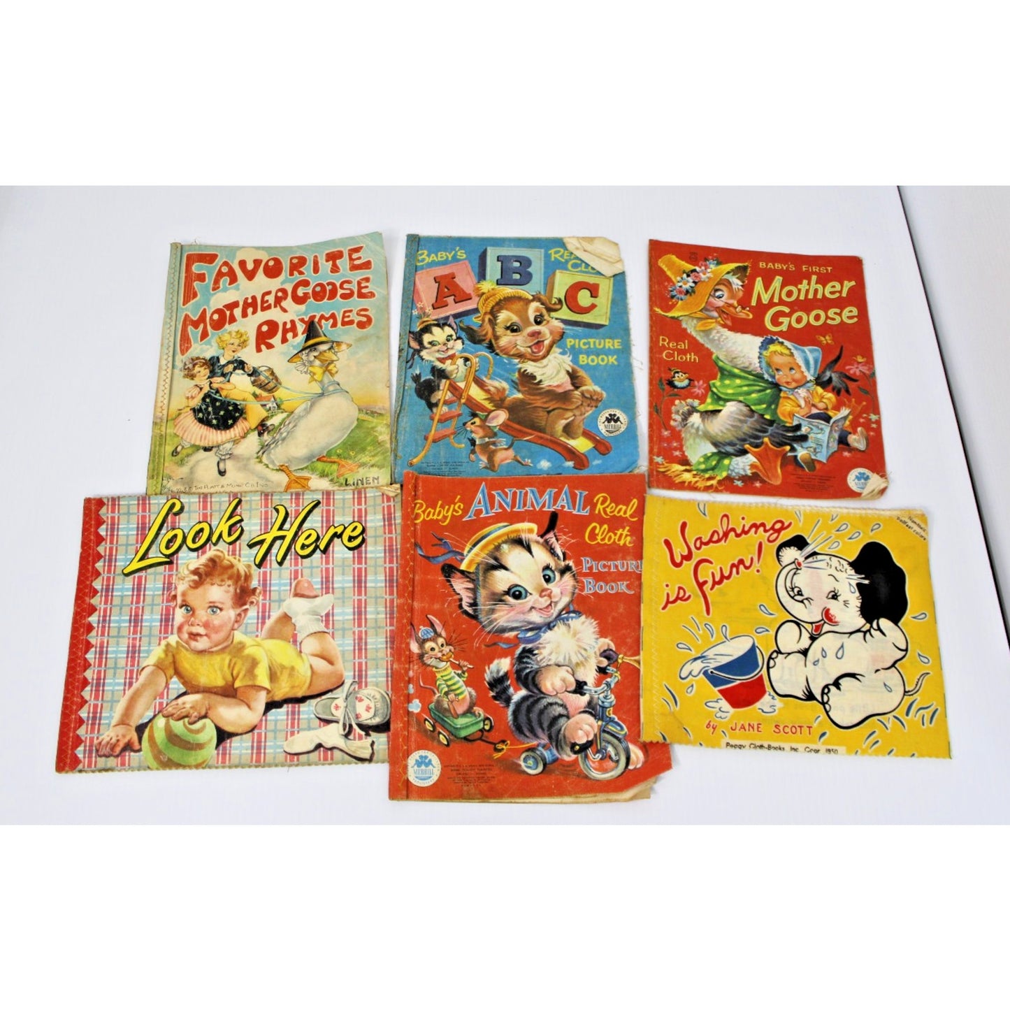 6 Vintage Linen Cloth Baby Books- Merrill, Platt & Munk, Mother Goose, ABC