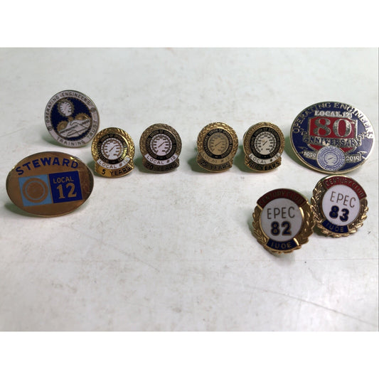 Lot Of 9 Operating Engineers Enamel Pins Guage Reward Anniversary
