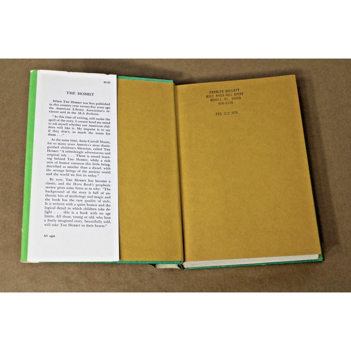 "The Hobbit" by J.R.R TOLKIEN, Houghton Mifflin, c.1966 Green HC/DJ VG+