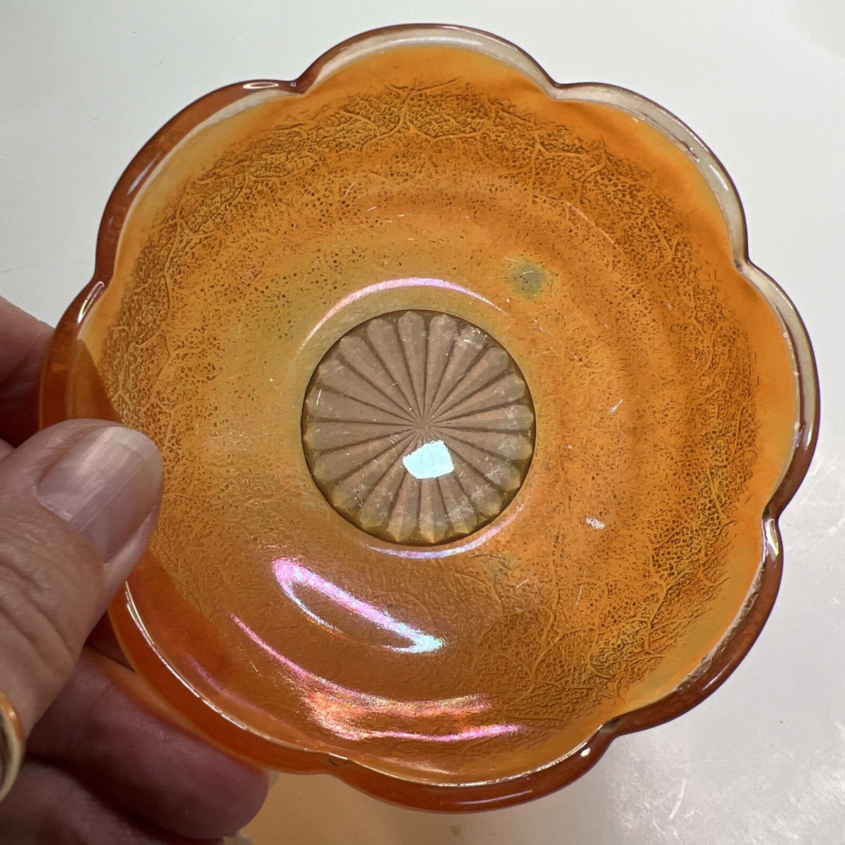 Pair Vintage Jeanette Marigold Iridescent Berry Bowls Crackle Carnival Glass 4"